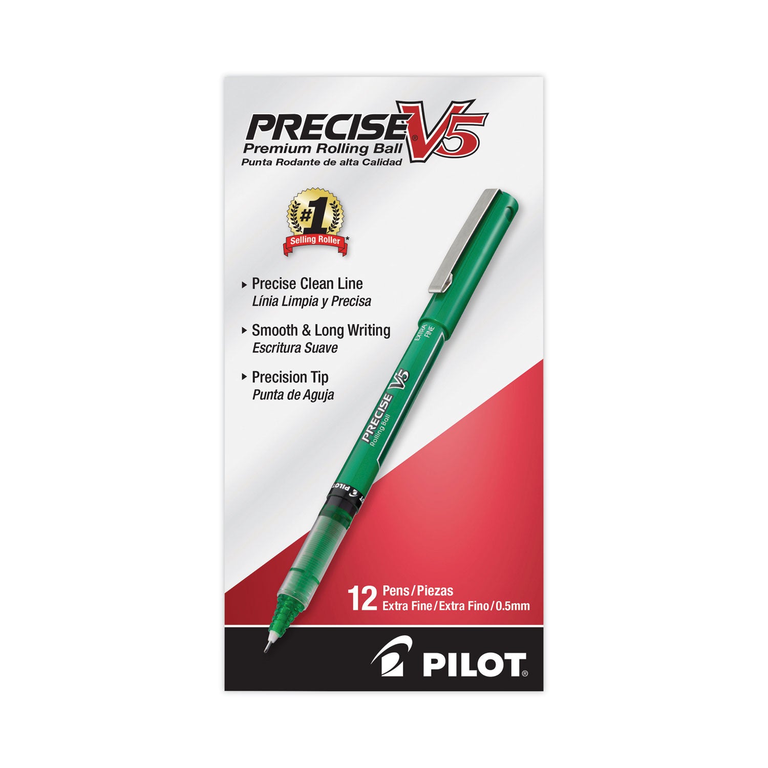 Pilot Precise V5 Roller Ball Pen, Stick, Extra-Fine 0.5 mm, Green Ink, Green/Clear Barrel, Dozen (25104)