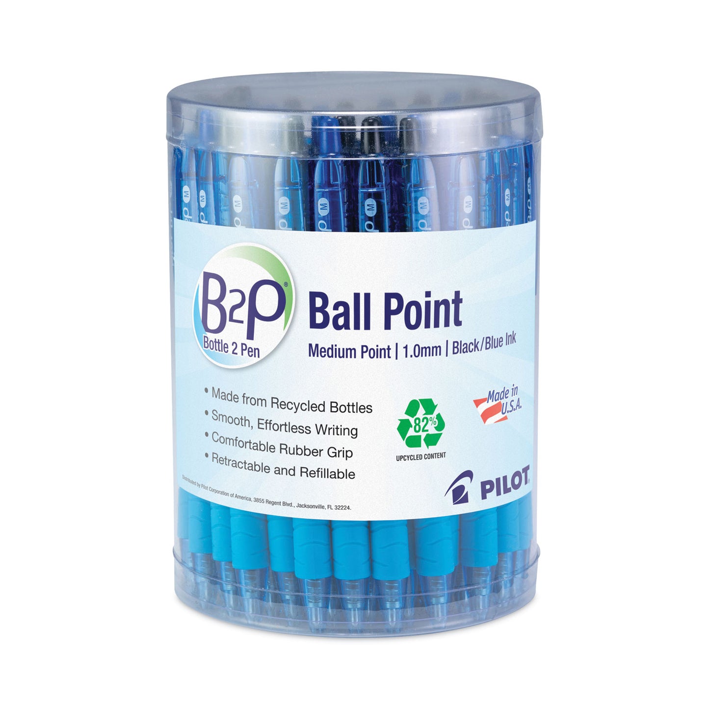 Pilot B2P Bottle-2-Pen Recycled Ballpoint Pen, Retractable, Medium 1 mm, Assorted Ink Colors, Translucent Blue Barrel, 36/Pack (57050)