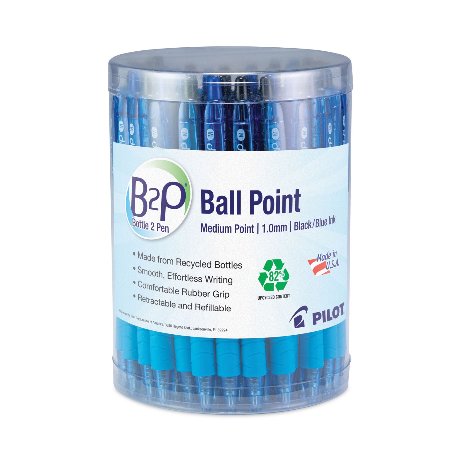 Pilot B2P Bottle-2-Pen Recycled Ballpoint Pen, Retractable, Medium 1 mm, Assorted Ink Colors, Translucent Blue Barrel, 36/Pack (57050)