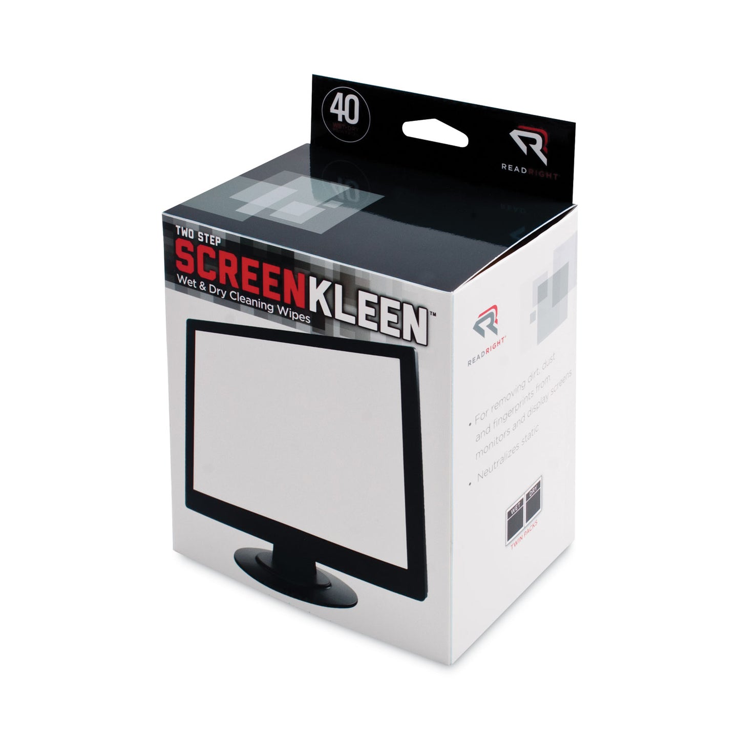 Read Right Two Step ScreenKleen Wet and Dry Cleaning Wipes, 5 x 5, Unscented, 40/Box (RR1305)