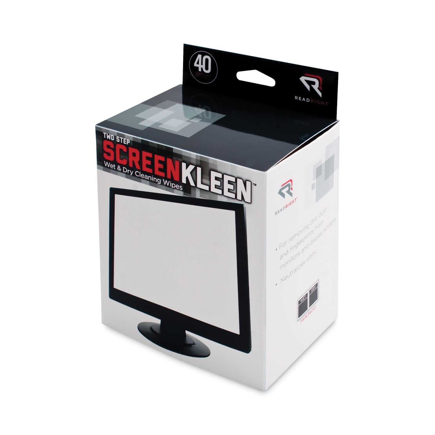 Read Right Two Step ScreenKleen Wet and Dry Cleaning Wipes, 5 x 5, Unscented, 40/Box (RR1305)