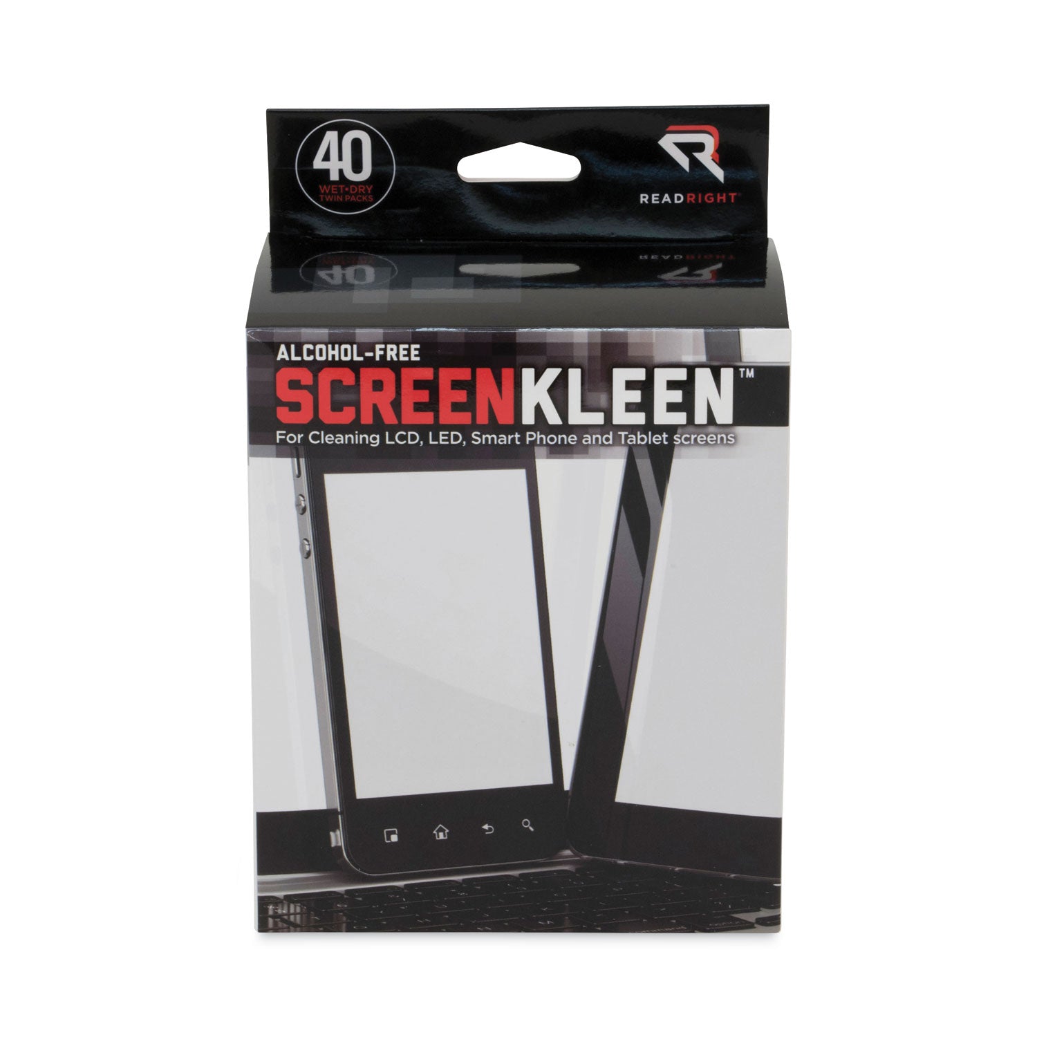 Read Right ScreenKleen Alcohol-Free Wet Wipes, Cloth, 5 x 5, Unscented, 40/Box (RR1391)