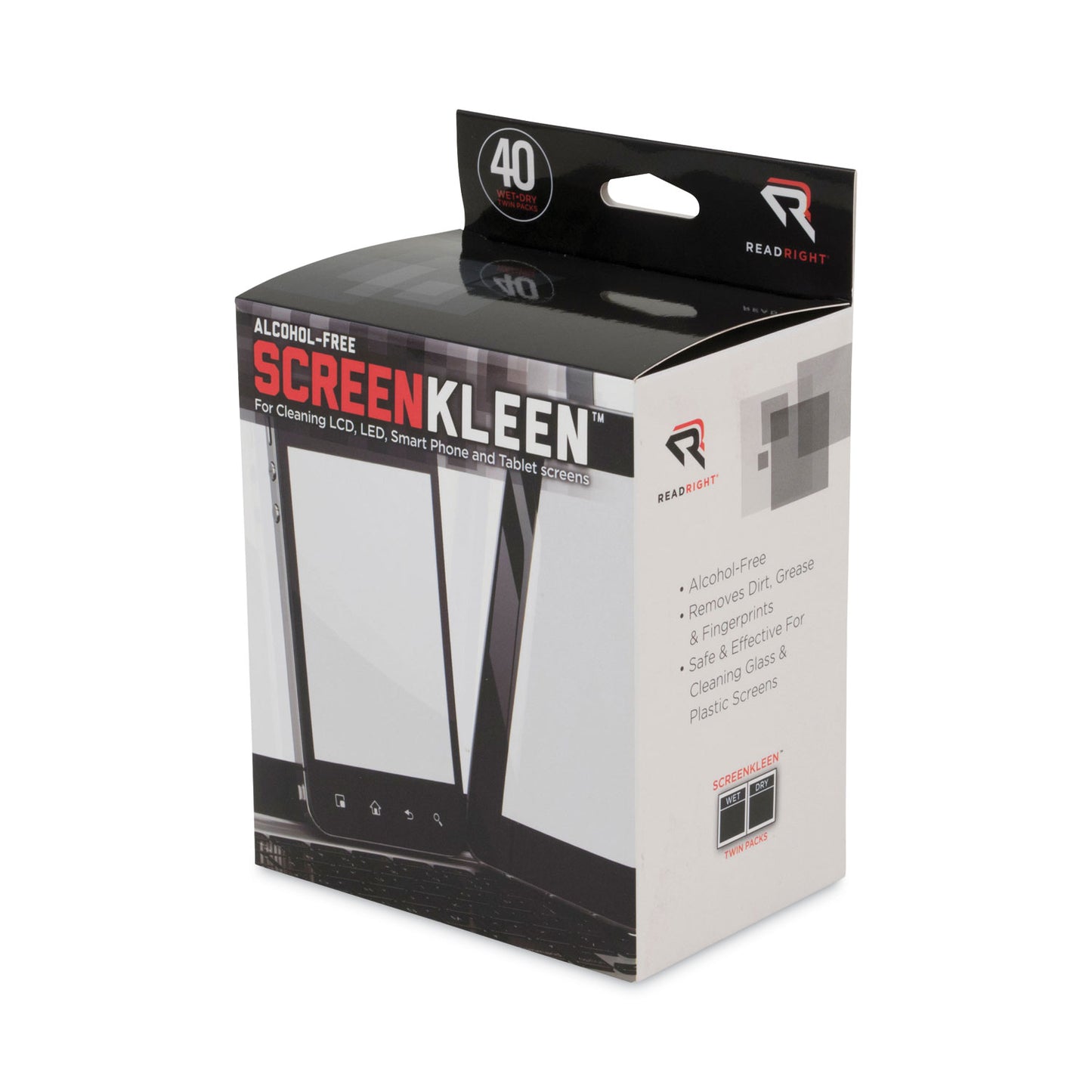 Read Right ScreenKleen Alcohol-Free Wet Wipes, Cloth, 5 x 5, Unscented, 40/Box (RR1391)