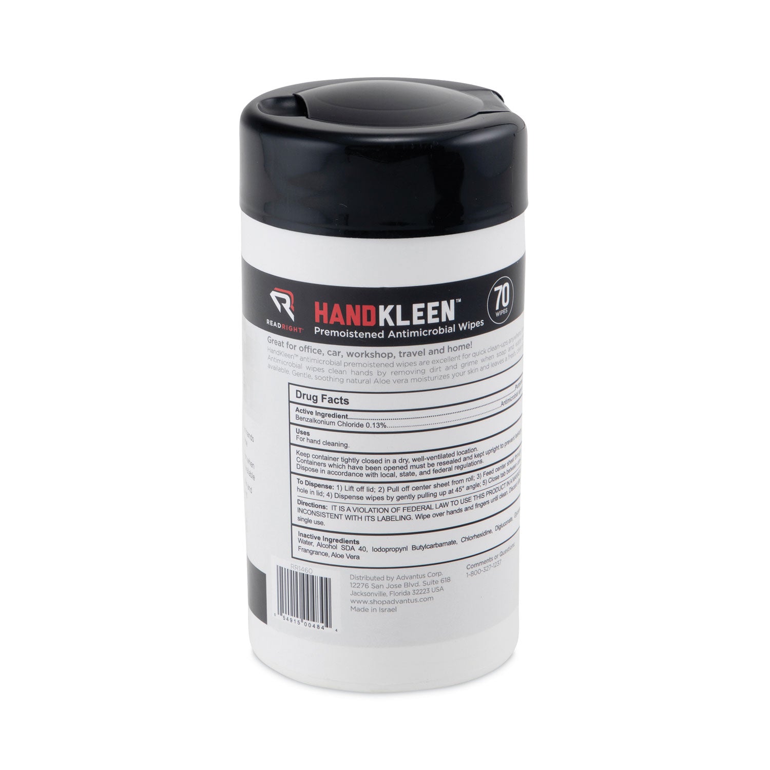 Read Right HandKleen Premoistened Antibacterial Wipes, Cloth, 5.5 x 6.5, Unscented, White, 70/Tub (RR1460)