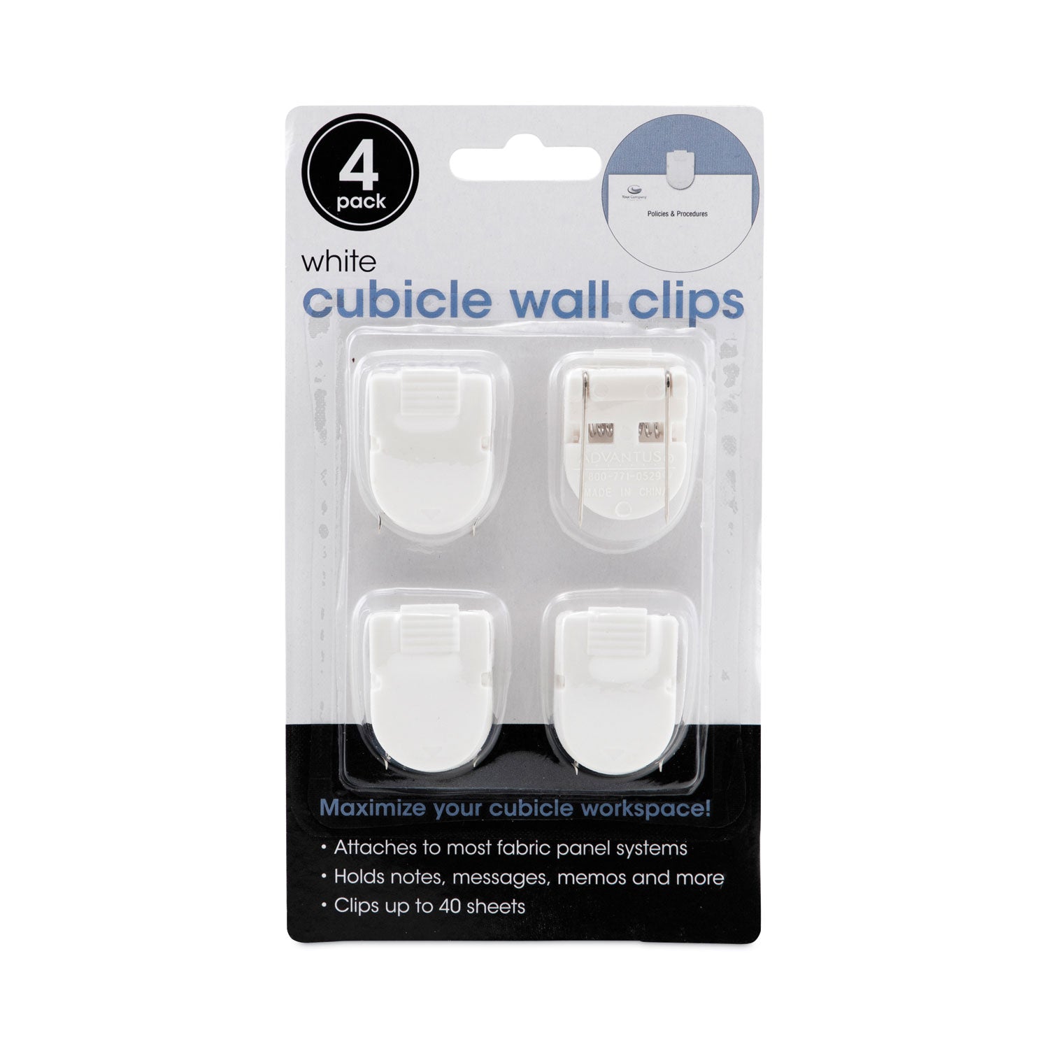 Advantus Wall Clips for Fabric Panels, 40 Sheet Capacity, White, 4/Pack (75300)