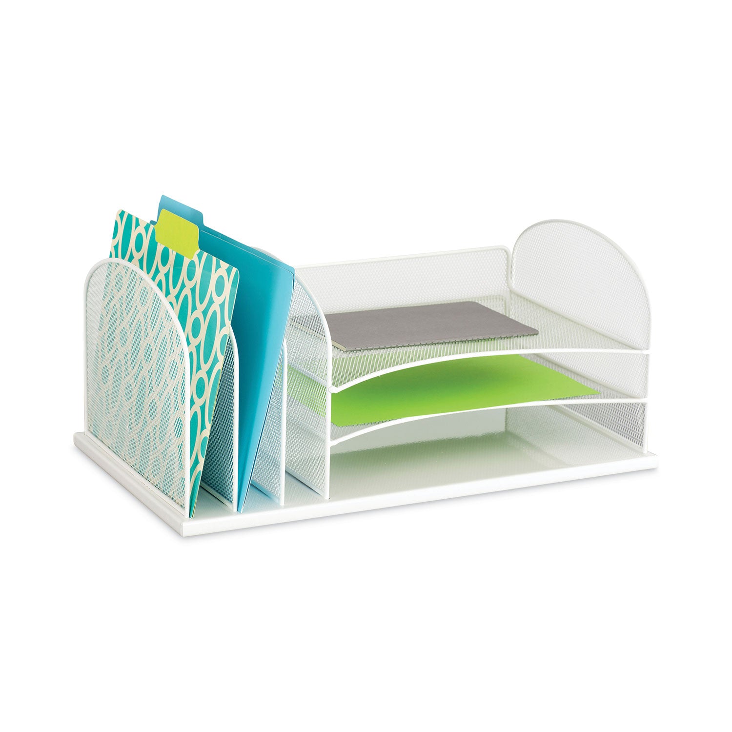 Safco Onyx Desk Organizer with Three Horizontal and Three Upright Sections, Letter Size Files, 19.5 x 11.5 x 8.25, White (3254WH)