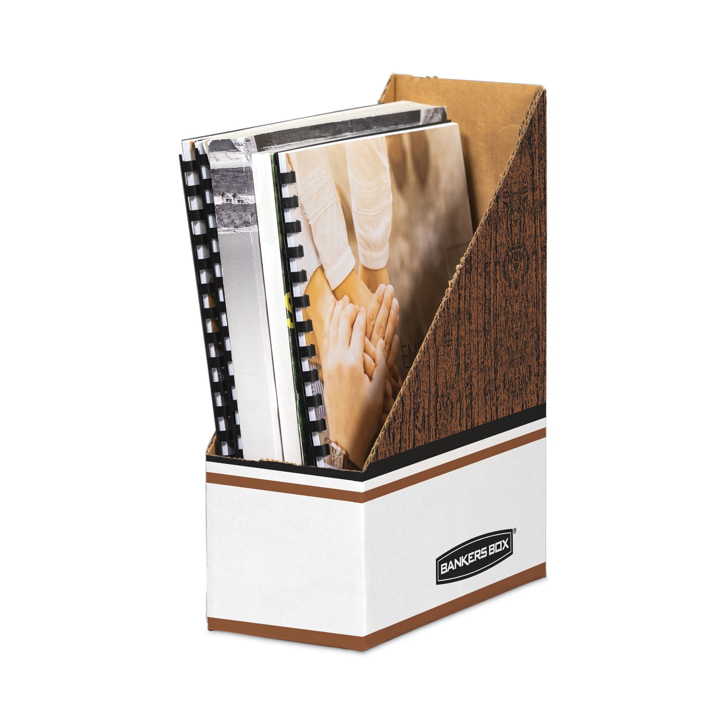 Bankers Box Corrugated Cardboard Magazine File, 4 x 11 x 12.25, Wood Grain, 12/Carton (07224)