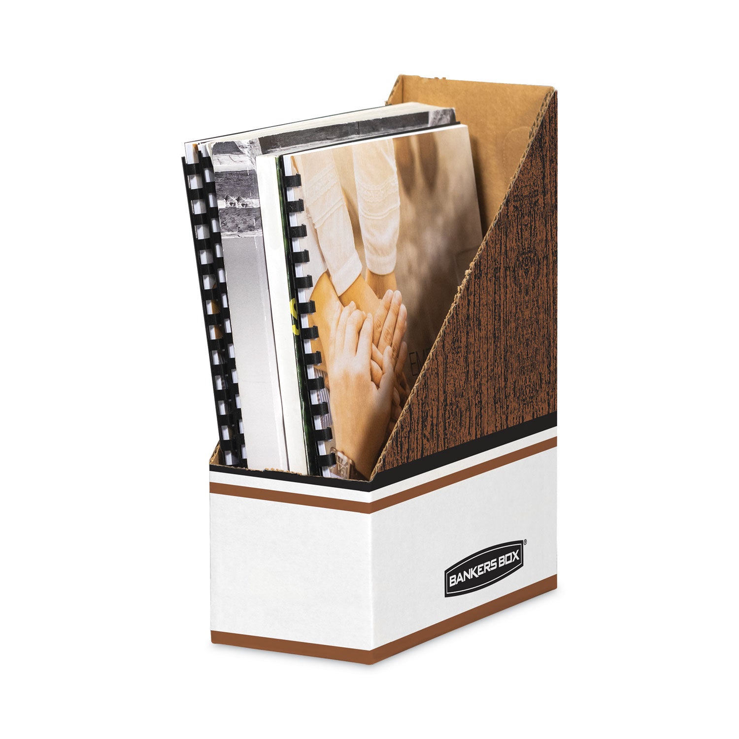 Bankers Box Corrugated Cardboard Magazine File, 4 x 9 x 11.5, Wood Grain, 12/Carton (07223)