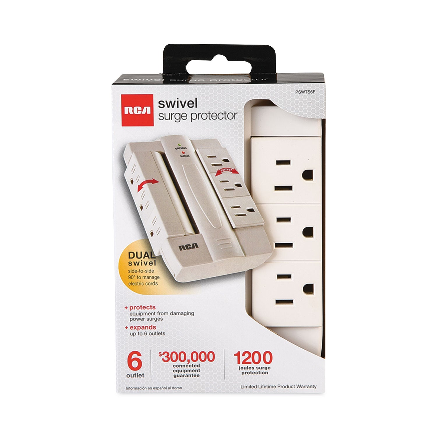 RCA 6 Outlet Swivel Surge Protector, 6 AC Outlets, 1,200 J, White (PSWTS6FV)