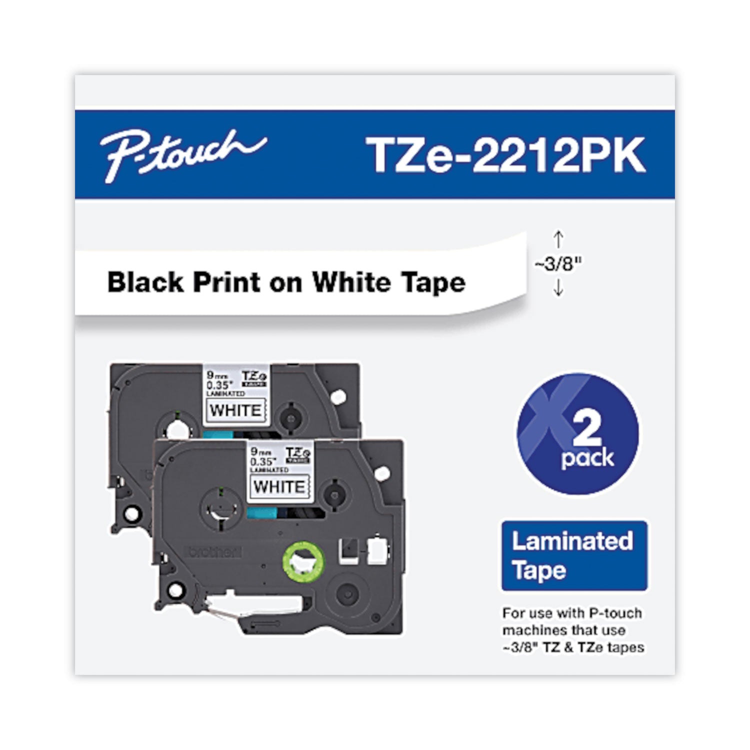 Brother TZe Standard Adhesive Laminated Labeling Tape, 0.35" x 26.2 ft, Black on White, 2/Pack (TZE2212PK)