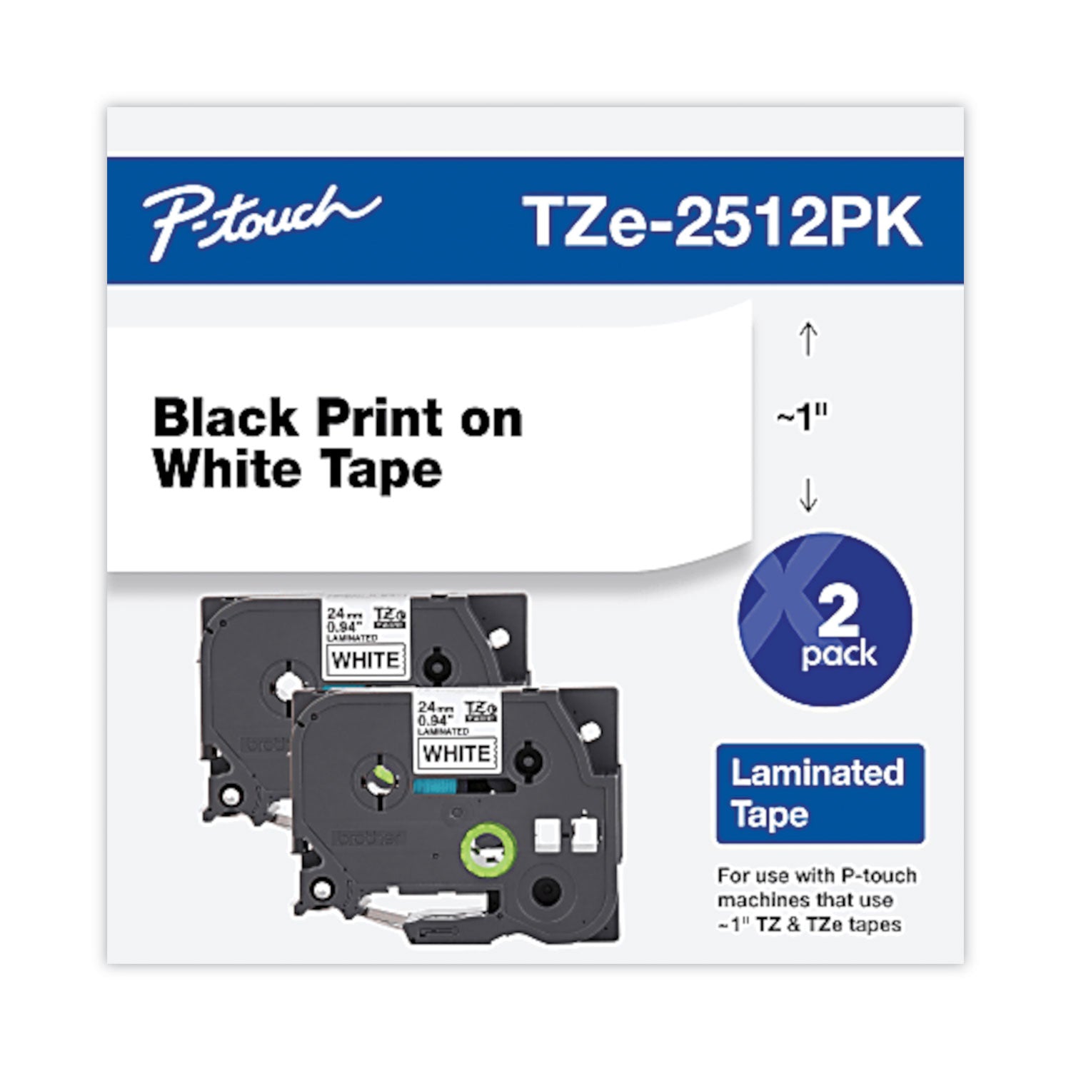 Brother TZe Standard Adhesive Laminated Labeling Tape, 0.94" x 26.2 ft, Black on White, 2/Pack (TZE2512PK)