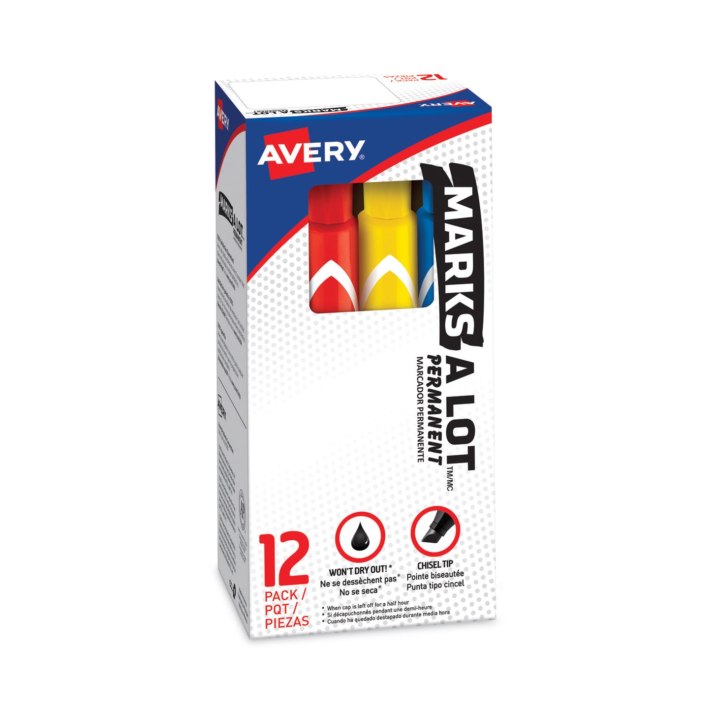 Avery MARKS A LOT Large Desk-Style Permanent Marker, Broad Chisel Tip, Assorted Colors, 12/Set (24800)