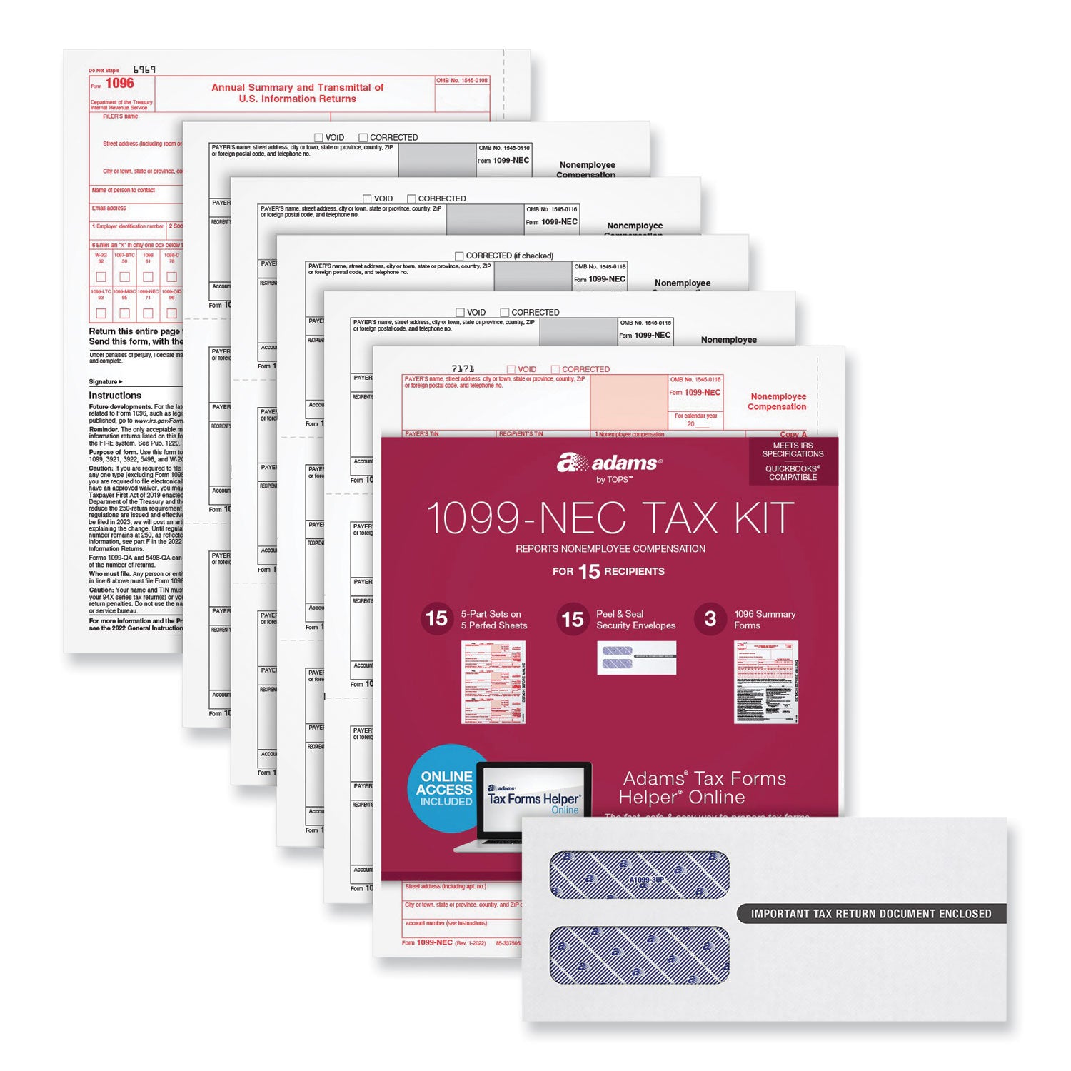 Adams 1099-NEC Online Tax Kit, Fiscal Year: 2023, Five-Part Carbonless, 8.5 x 3.66, 3 Forms/Sheet, 15 Forms Total (22906KIT)