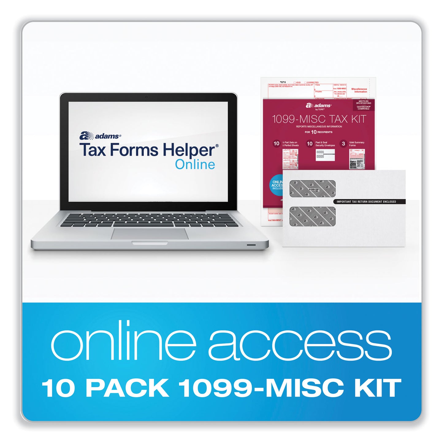 Adams 1099-MISC Five-Part Laser Forms and Envelopes, Fiscal Year: 2023, 5-Part Carbonless, 8 x 5, 2 Forms/Sheet, 10 Forms Total (22907KIT)