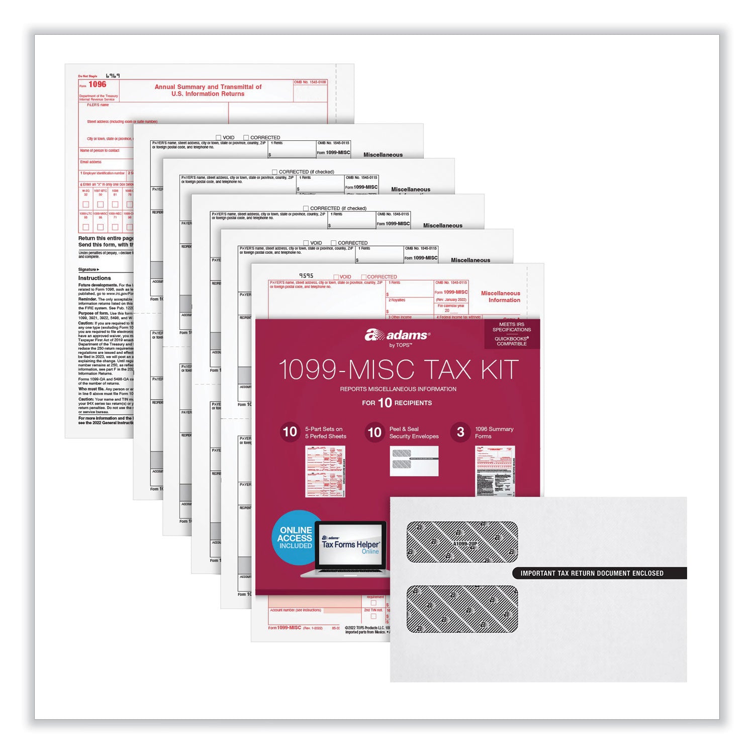 Adams 1099-MISC Five-Part Laser Forms and Envelopes, Fiscal Year: 2023, 5-Part Carbonless, 8 x 5, 2 Forms/Sheet, 10 Forms Total (22907KIT)