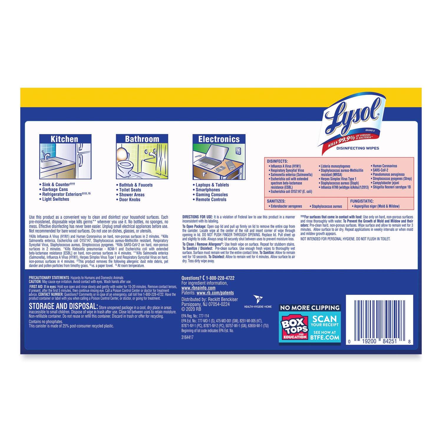 LYSOL Brand Disinfecting Wipes, 1-Ply, 7 x 7.25, Lemon and Lime Blossom, White, 80 Wipes/Canister, 3 Canisters/Pack, 2 Packs/Carton (84251CT)