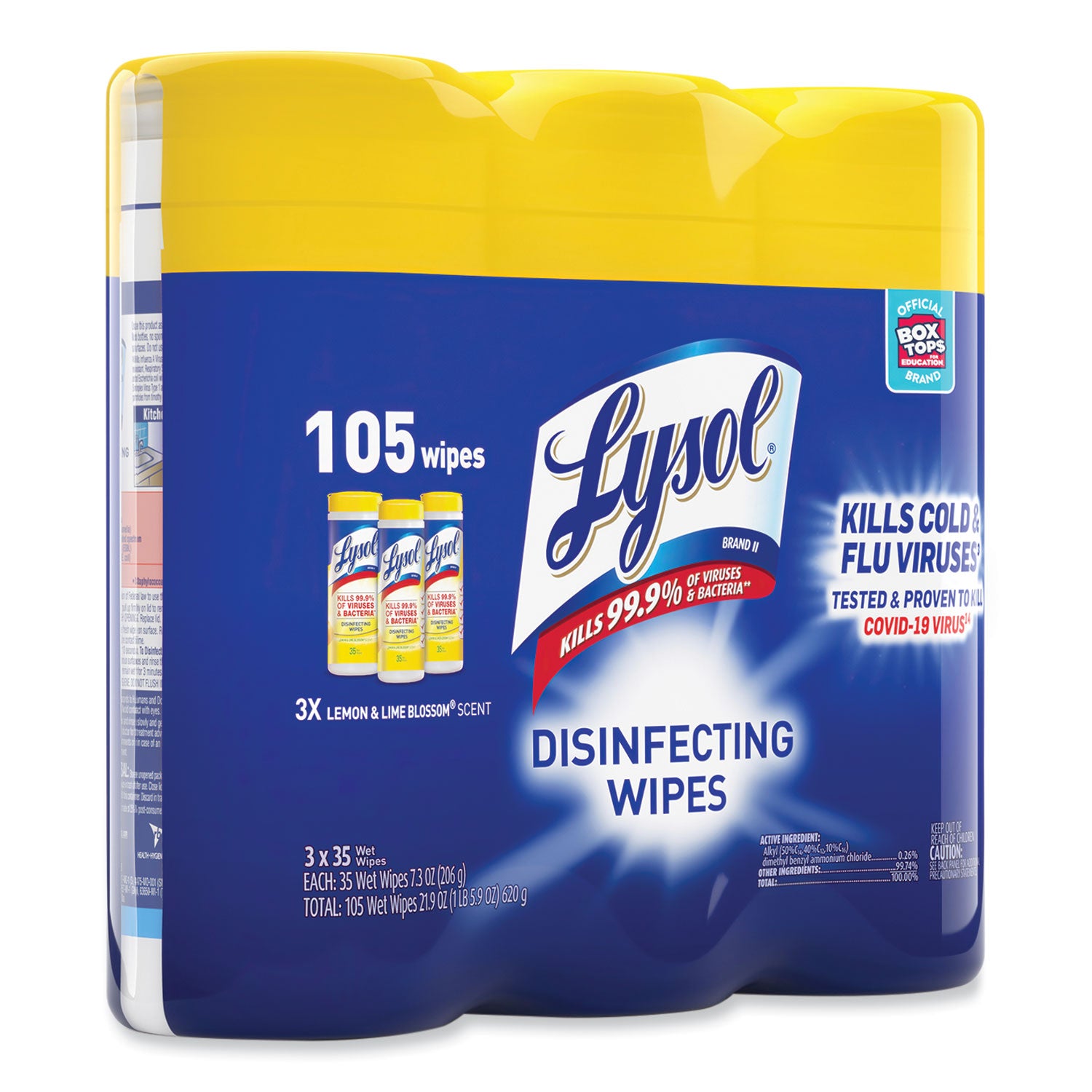 LYSOL Brand Disinfecting Wipes, 1-Ply, 7 x 7.25, Lemon and Lime Blossom, White, 35 Wipes/Canister, 3 Canisters/Pack (82159PK)