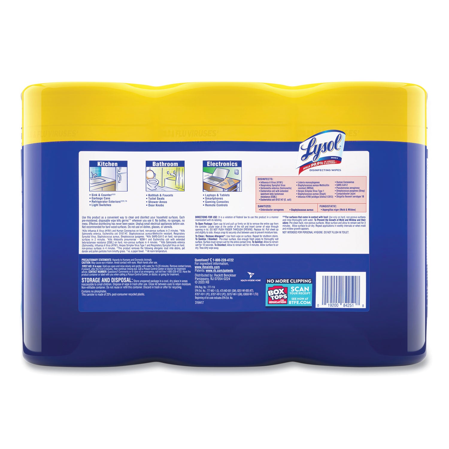 LYSOL Brand Disinfecting Wipes, 1-Ply, 7 x 7.25, Lemon and Lime Blossom, White, 80 Wipes/Canister, 3 Canisters/Pack (84251PK)