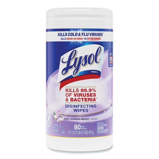 LYSOL Brand Disinfecting Wipes, 1-Ply, 7 x 7.25, Early Morning Breeze, White, 80 Wipes/Canister, 6 Canisters/Carton (89347CT)