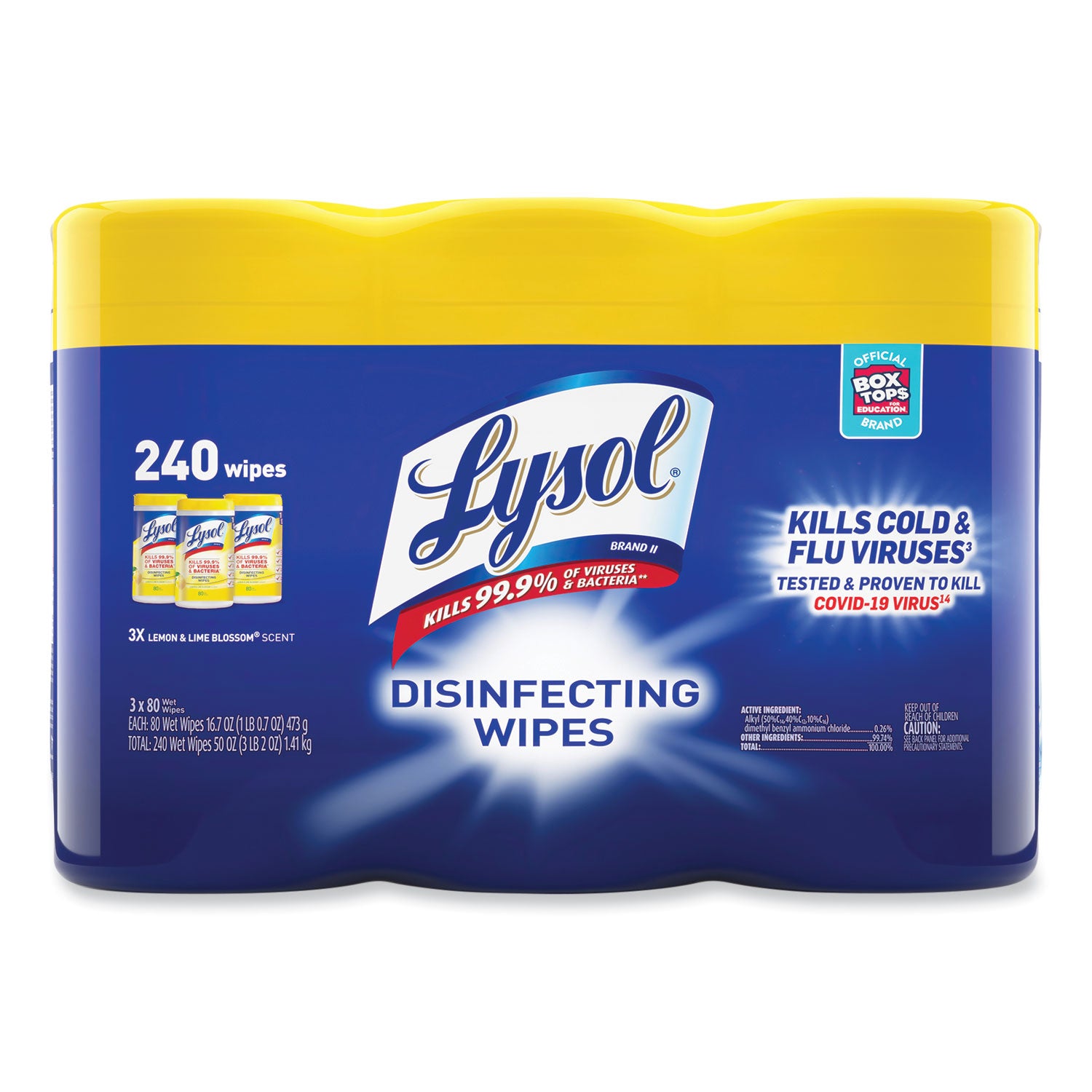 LYSOL Brand Disinfecting Wipes, 1-Ply, 7 x 7.25, Lemon and Lime Blossom, White, 80 Wipes/Canister, 3 Canisters/Pack (84251PK)