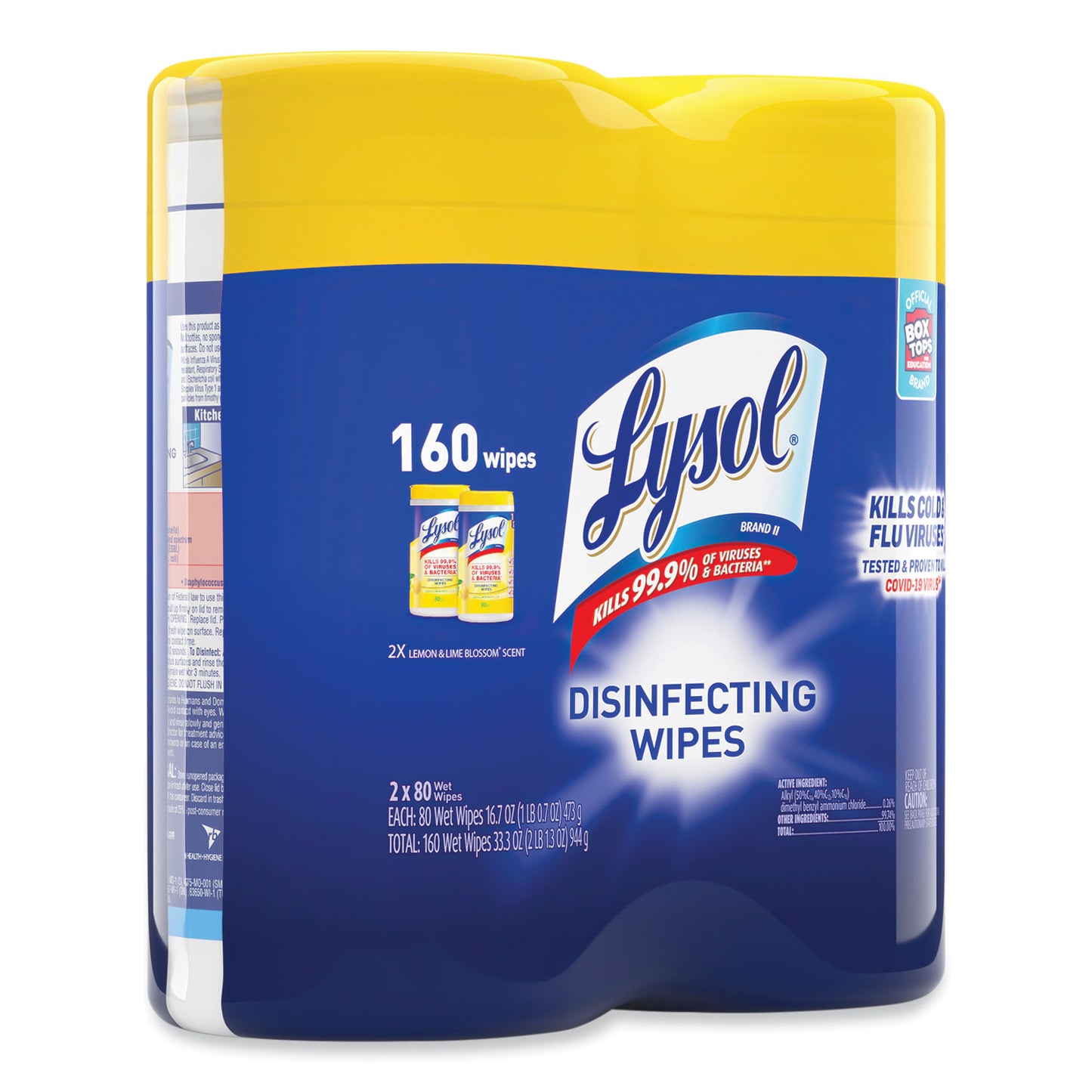 LYSOL Brand Disinfecting Wipes, 1-Ply, 7 x 7.25, Lemon and Lime Blossom, White, 80 Wipes/Canister, 2 Canisters/Pack, 3 Packs/Carton (80296)