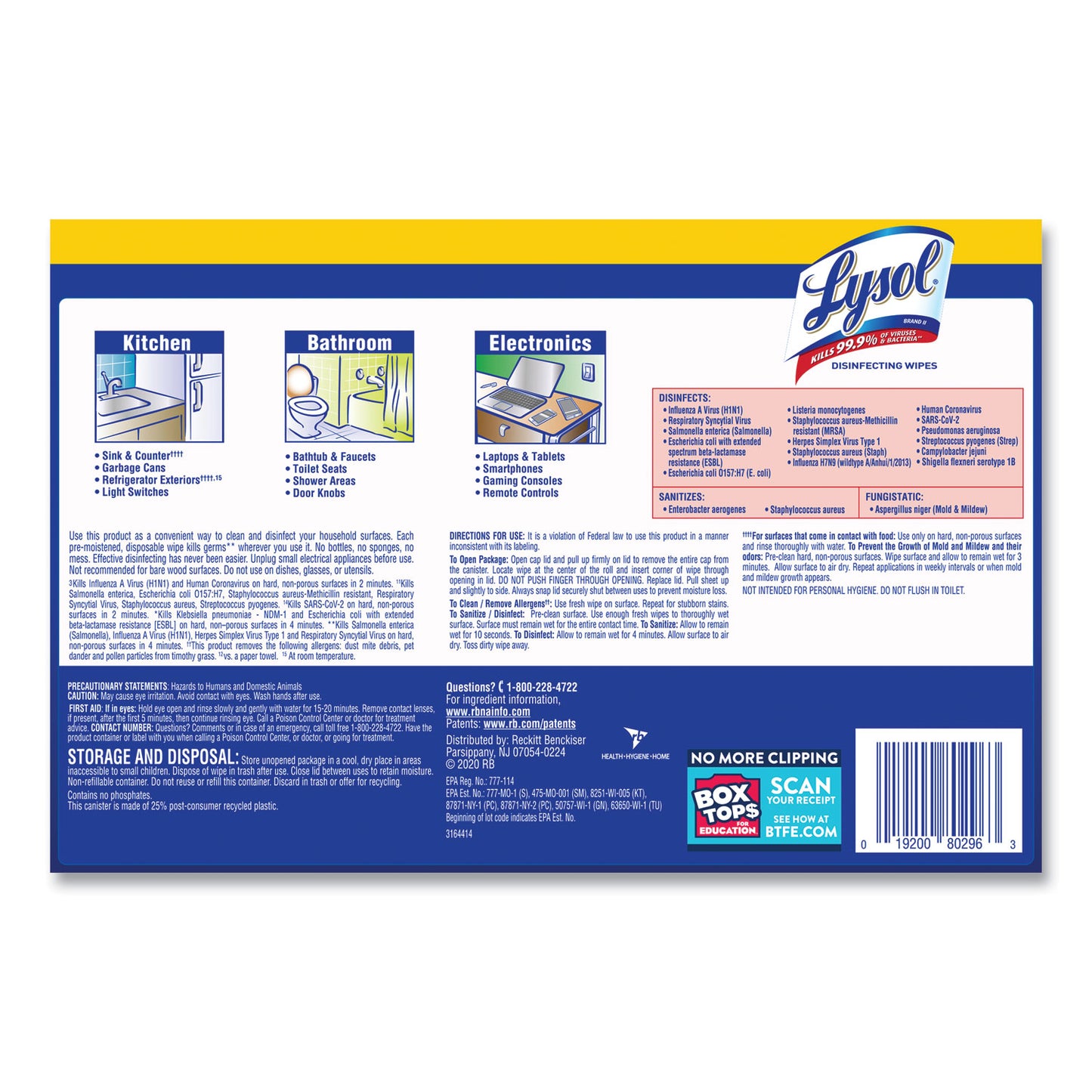 LYSOL Brand Disinfecting Wipes, 1-Ply, 7 x 7.25, Lemon and Lime Blossom, White, 80 Wipes/Canister, 2 Canisters/Pack (80296PK)