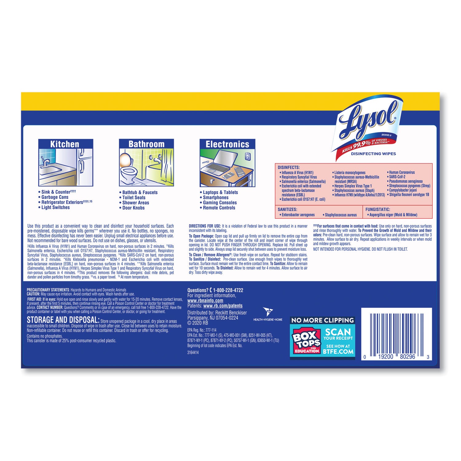 LYSOL Brand Disinfecting Wipes, 1-Ply, 7 x 7.25, Lemon and Lime Blossom, White, 80 Wipes/Canister, 2 Canisters/Pack, 3 Packs/Carton (80296)