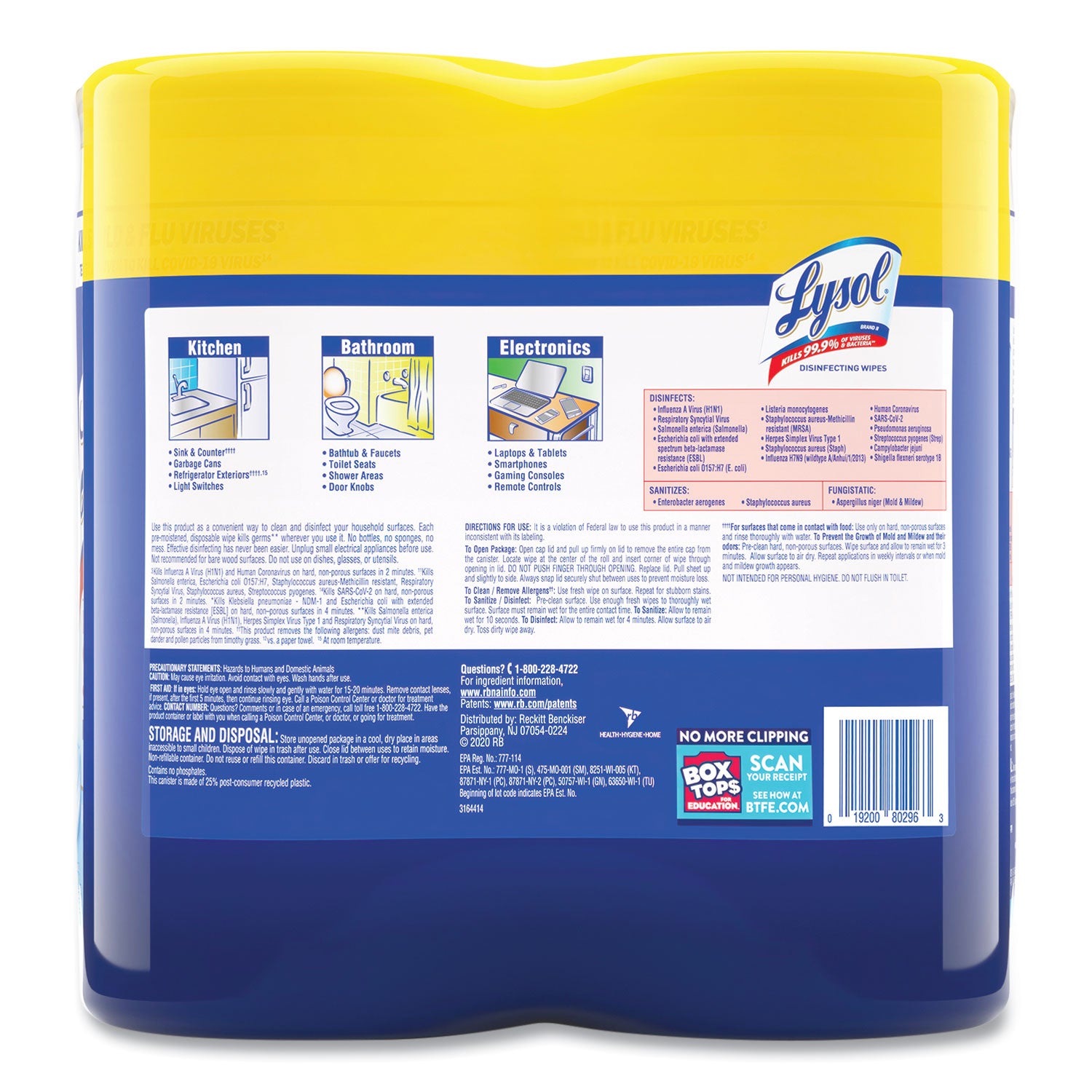 LYSOL Brand Disinfecting Wipes, 1-Ply, 7 x 7.25, Lemon and Lime Blossom, White, 80 Wipes/Canister, 2 Canisters/Pack, 3 Packs/Carton (80296)