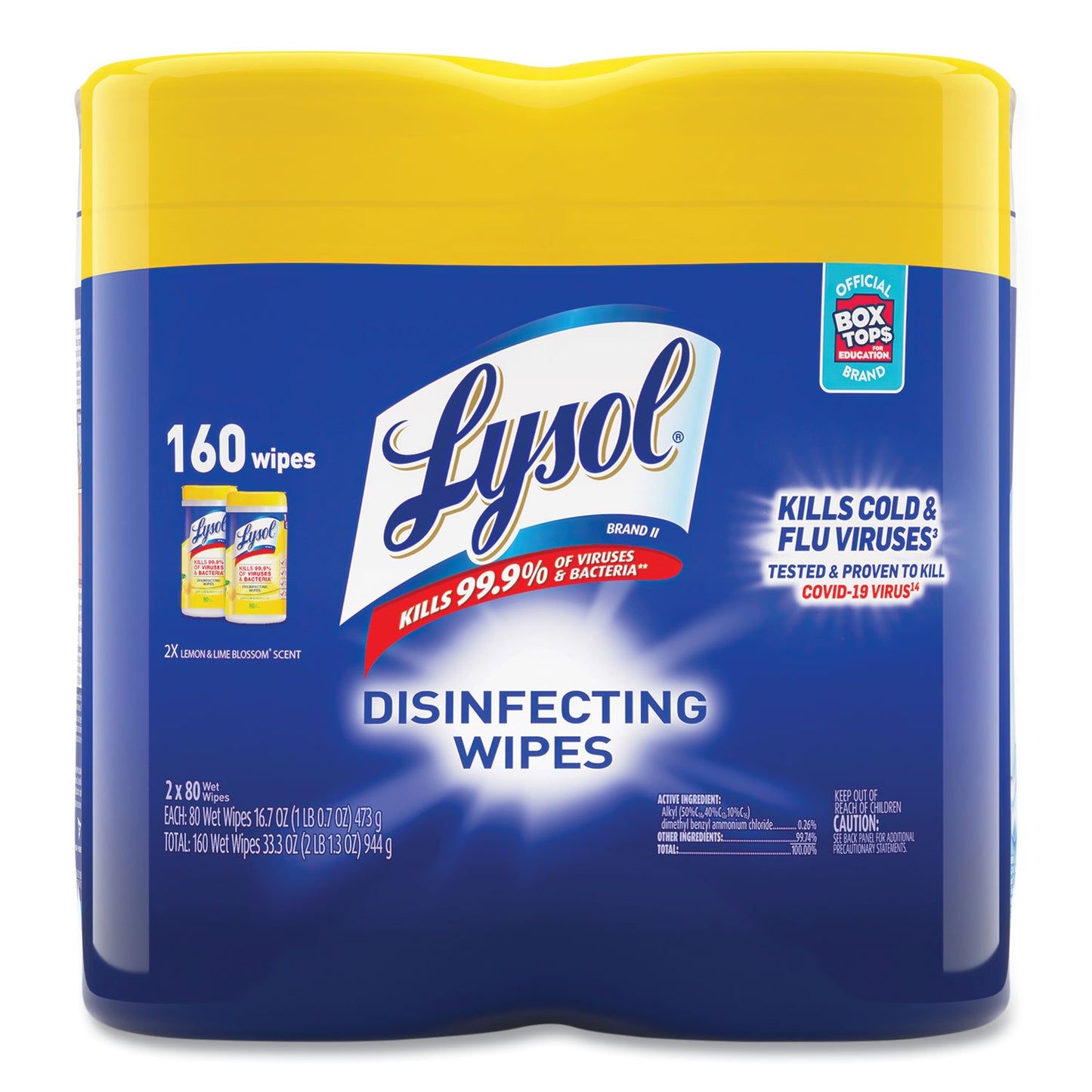 LYSOL Brand Disinfecting Wipes, 1-Ply, 7 x 7.25, Lemon and Lime Blossom, White, 80 Wipes/Canister, 2 Canisters/Pack, 3 Packs/Carton (80296)