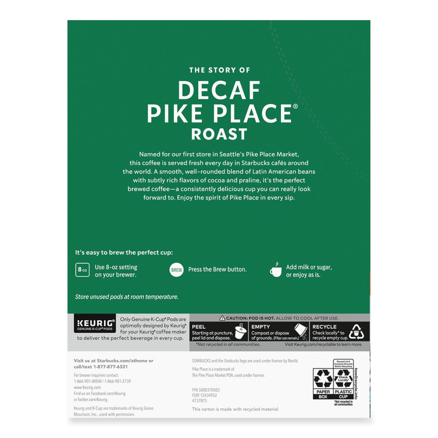 Starbucks Pike Place Decaf Coffee K-Cups, 96/Carton (011111161CT)