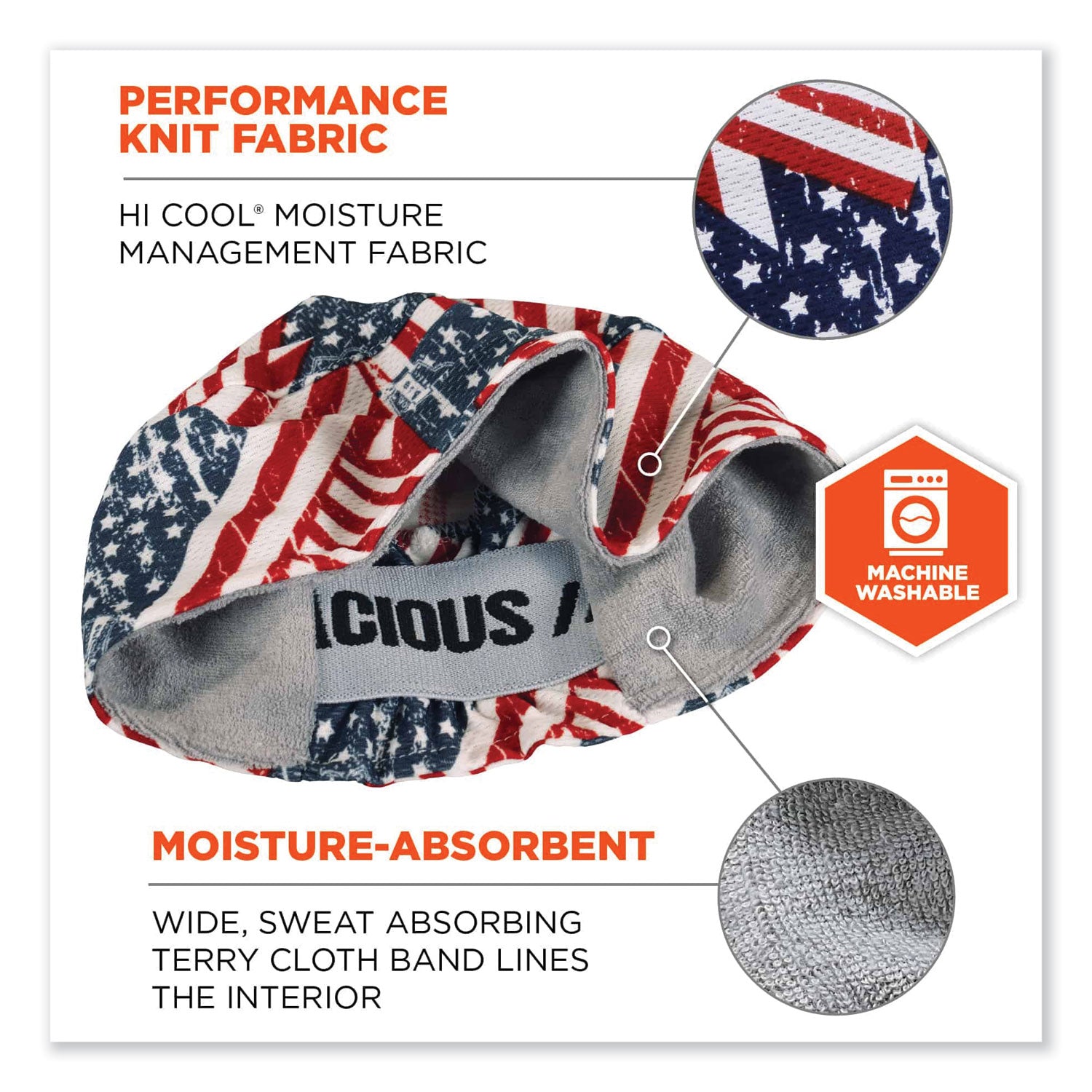 ergodyne Chill-Its 6630 High-Performance Terry Cloth Skull Cap, Polyester, One Size Fits Most, Stars and Stripes (12506)