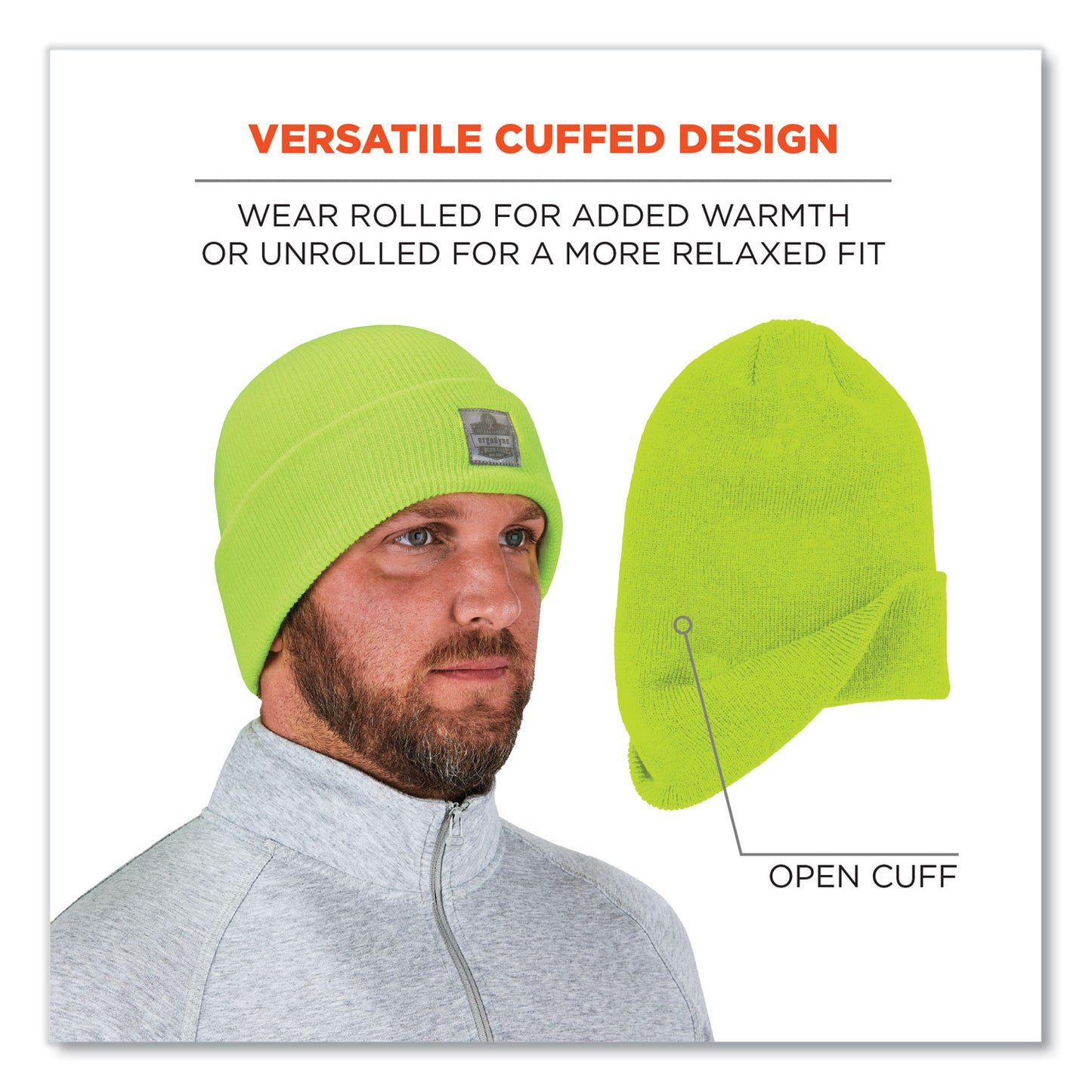 ergodyne N-Ferno 6806 Cuffed Rib Knit Winter Hat, One Size Fits Most, Lime (16806)