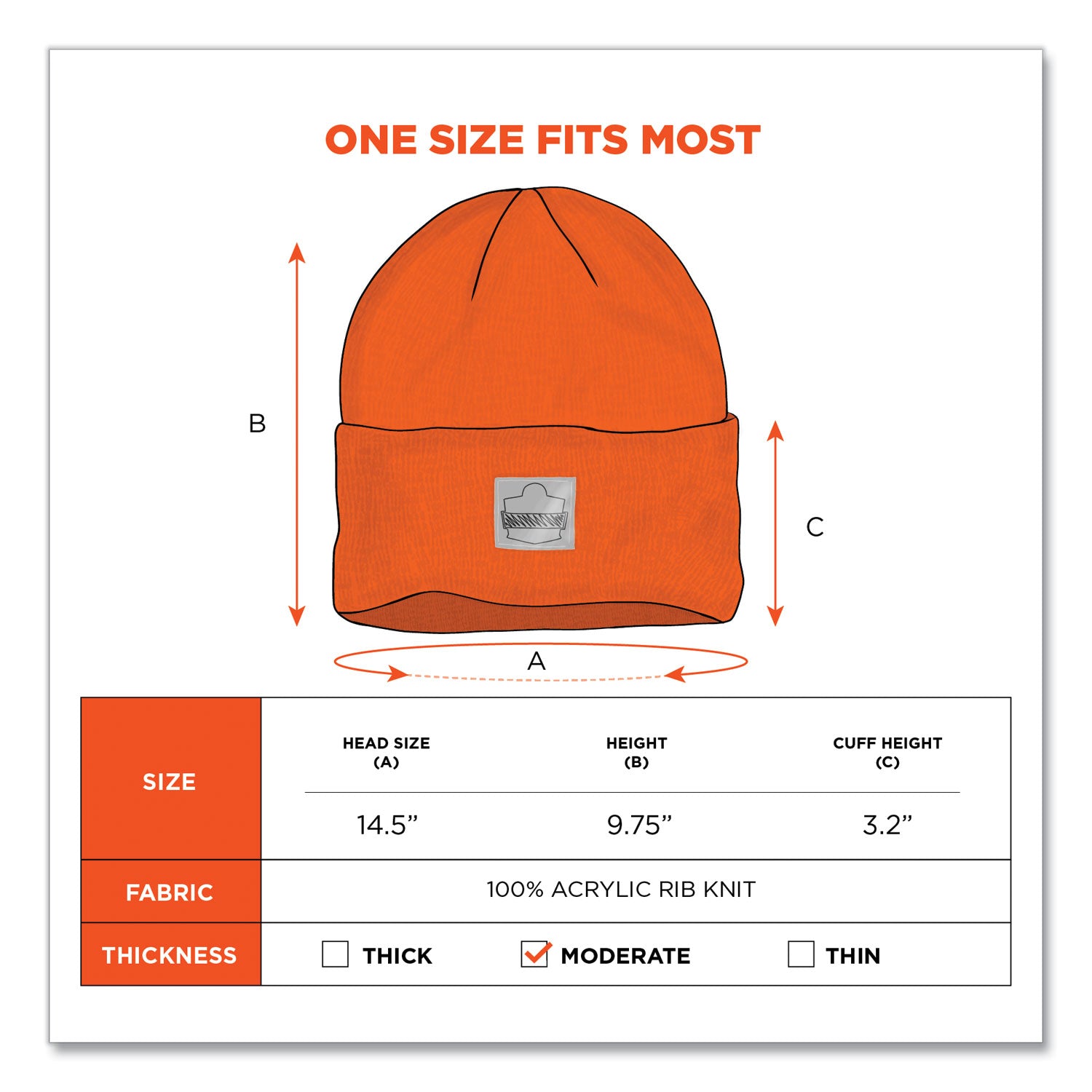 ergodyne N-Ferno 6806 Cuffed Rib Knit Winter Hat, One Size Fits Most, Orange (16807)