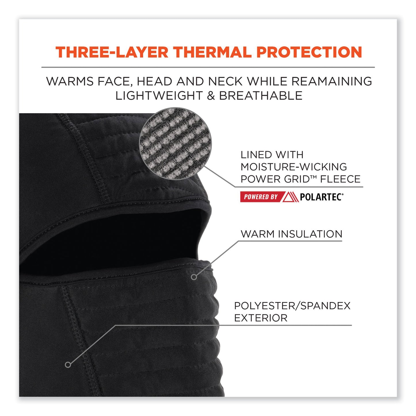 ergodyne N-Ferno 6955 Insulated 3-Layer Balaclava Face Mask, Polartec FR Power Grid Fleece/Polyester/Spandex, One Size, Black (16955)