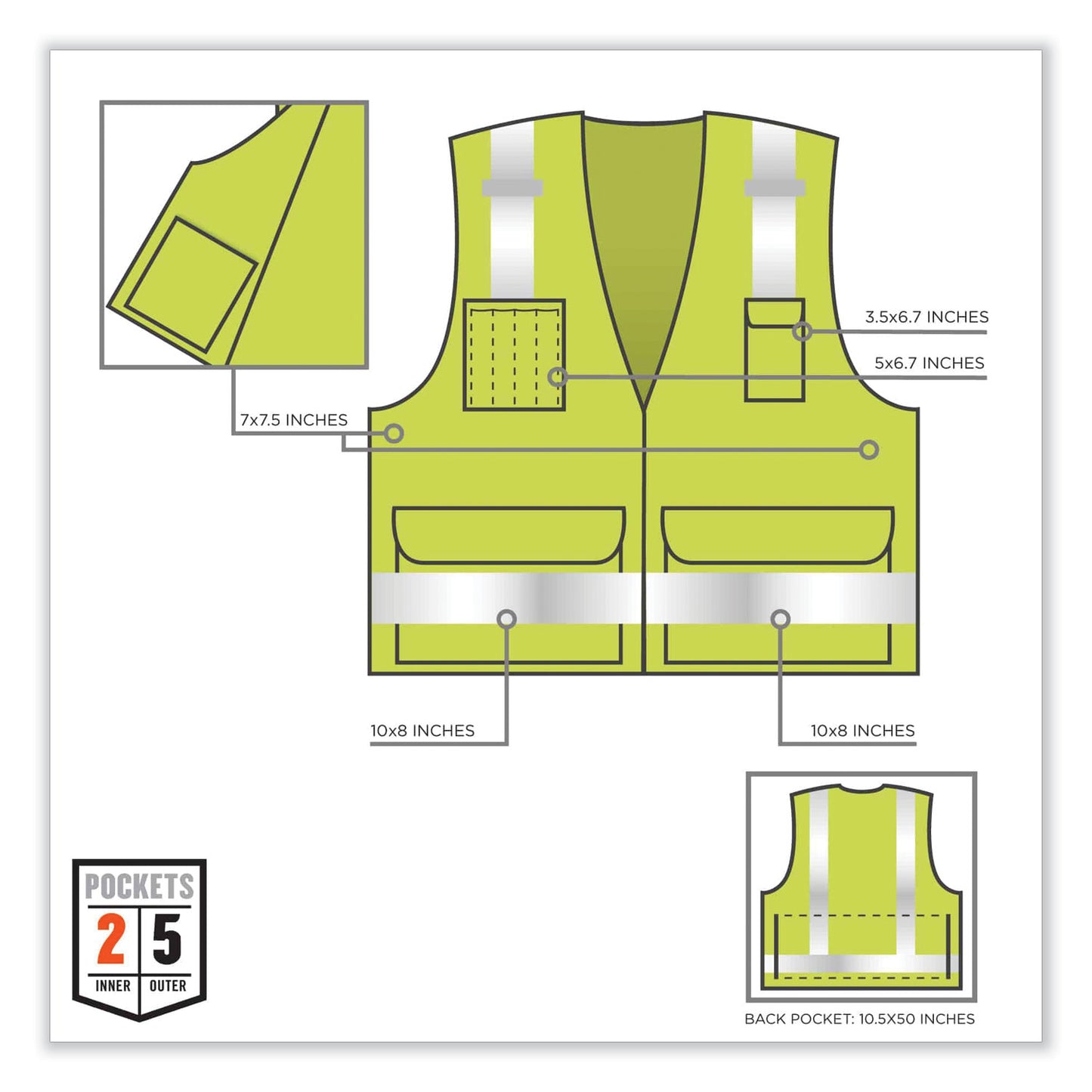 ergodyne GloWear 8250Z Class 2 Surveyors Zipper Vest, Polyester, Small/Medium, Lime (21423)