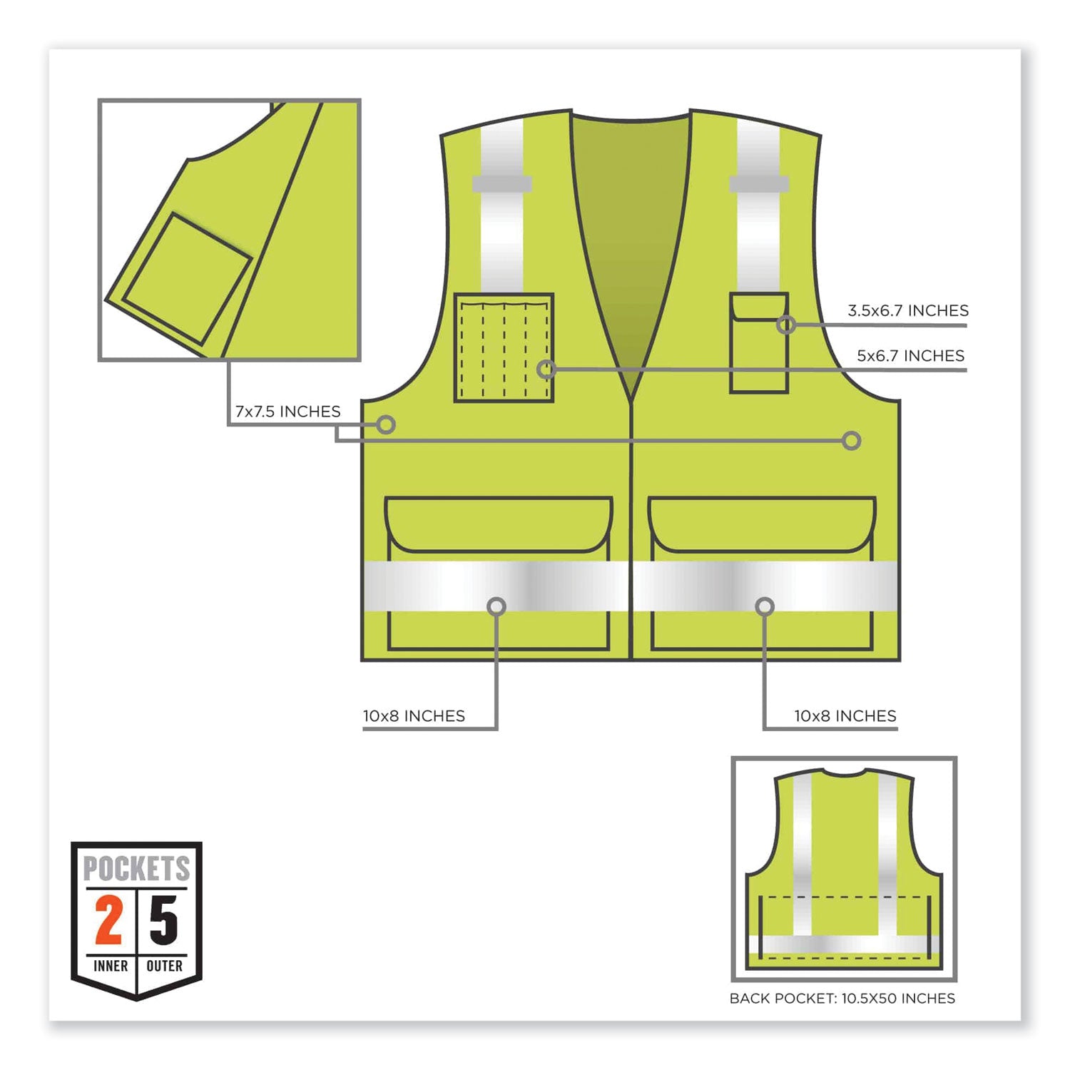 ergodyne GloWear 8250Z Class 2 Surveyors Zipper Vest, Polyester, Large/X-Large, Lime (21425)