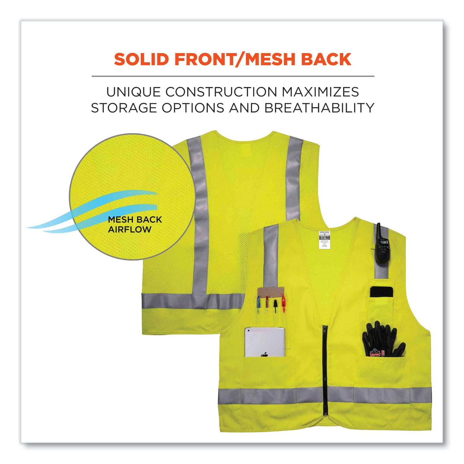 ergodyne GloWear 8262FRZ Class 2 FR Surveyor Zipper Vest, Tencel/Modacrylic/Para-aramid/Kevlar, Small/Medium, Lime (21483)