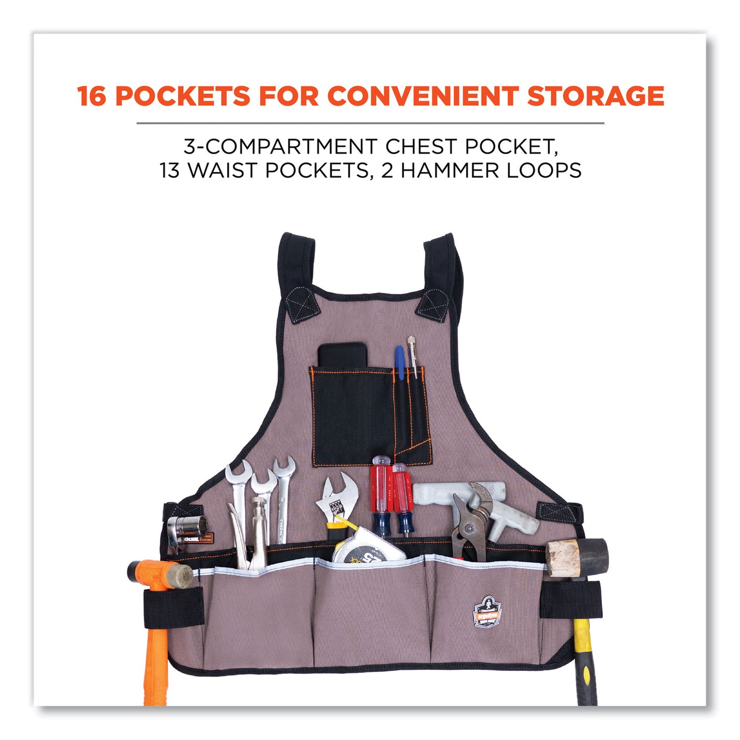 ergodyne Arsenal 5700 16-Pocket Apron, 16 Compartments, 20.8 x 23.6, Canvas, Gray (13690)