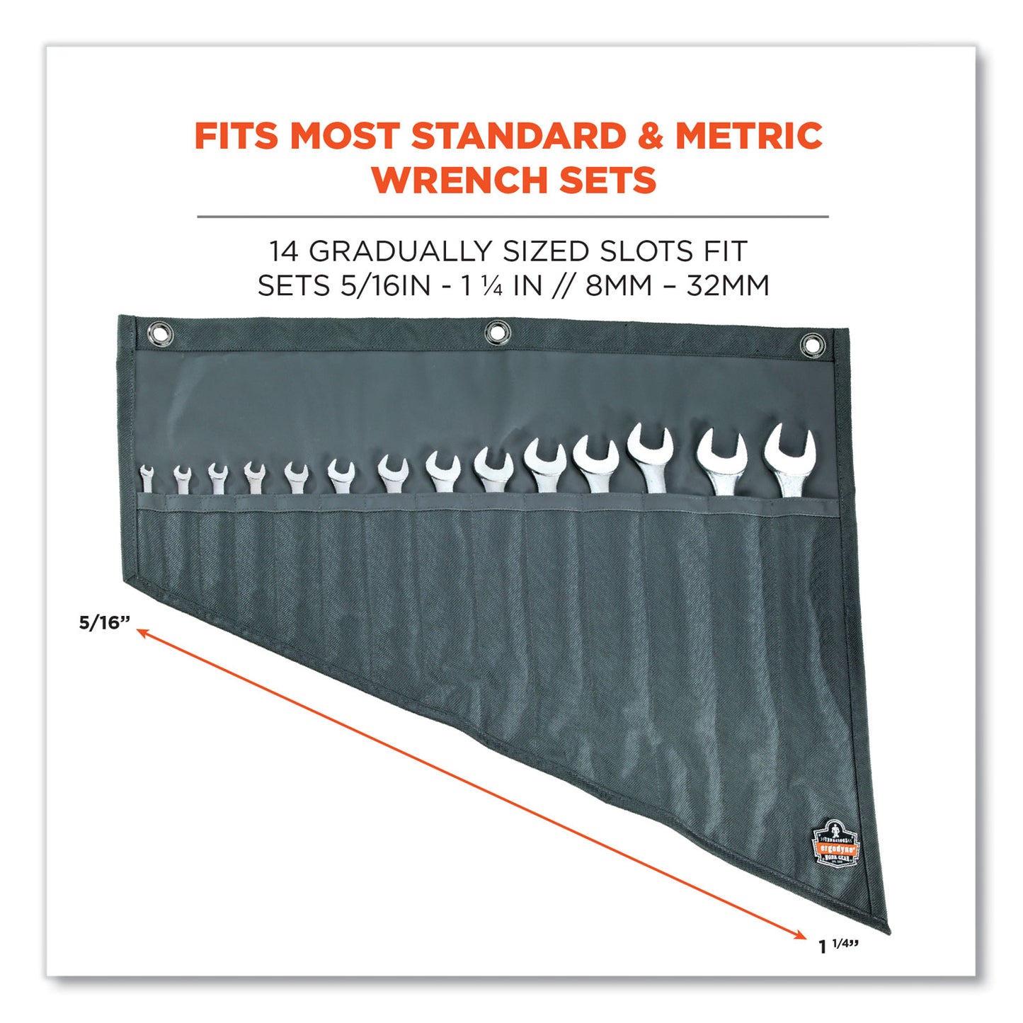 ergodyne Arsenal 5872 Wrench Roll-Up, 14 Compartments, 26 x 22, Polyester, Gray (13772)