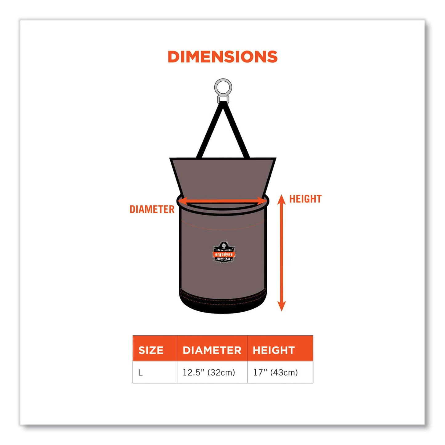ergodyne Arsenal 5973 Hoist Bucket Tool Bag with D-Rings and Zipper Top, 12.5 x 12.5 x 17, Gray (15973)
