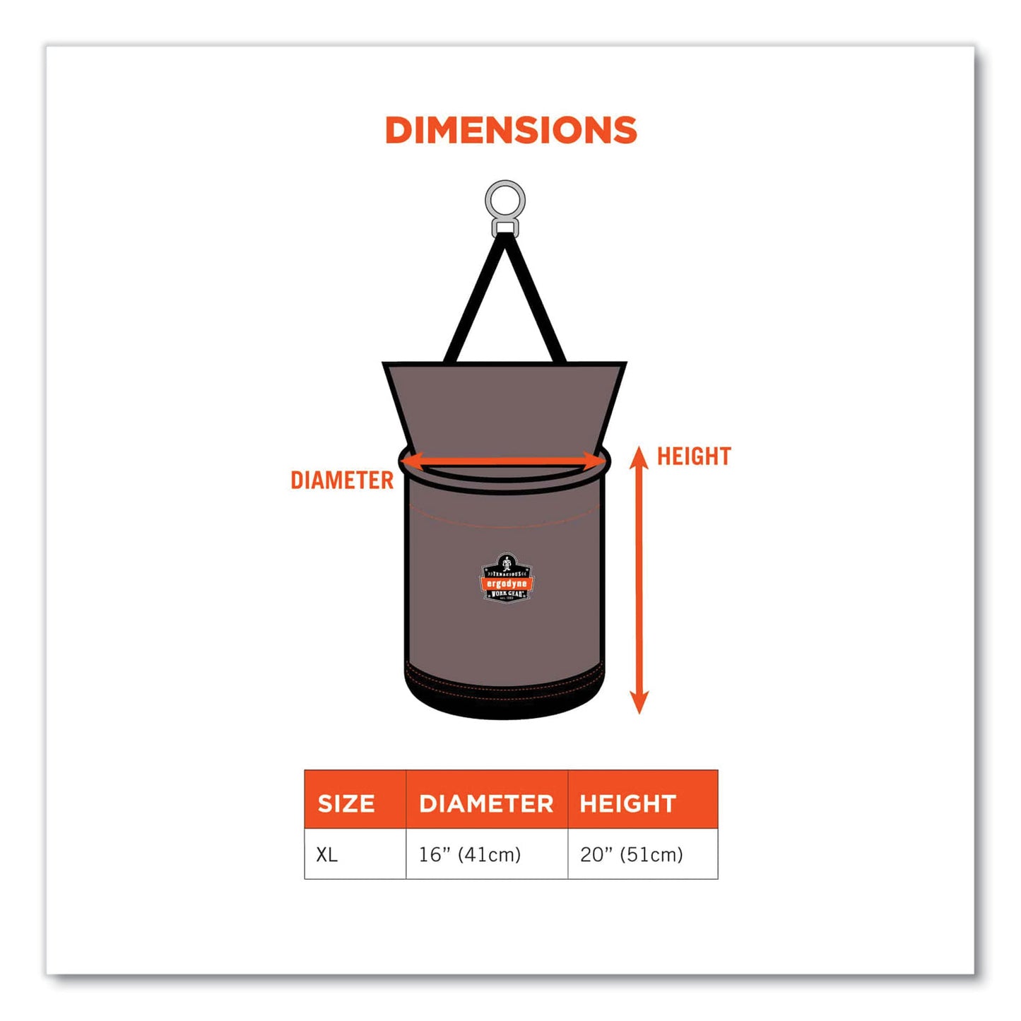 ergodyne Arsenal 5976 XL Hoist Bucket Tool Bag with Swiveling Carabiner and Zipper Top, 16 x 16 x 20, Gray (15976)
