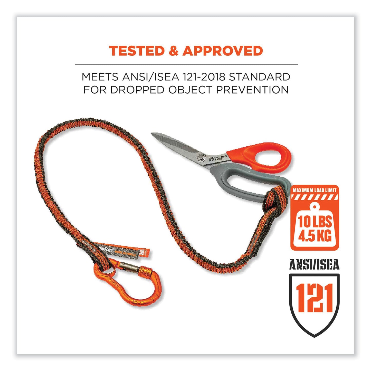 ergodyne Squids 3100F(x) Tool Lanyard with Aluminum Carabiner + Loop, 10 lb Max Working Capacity, 38" to 48" Long, Orange/Gray (19802)