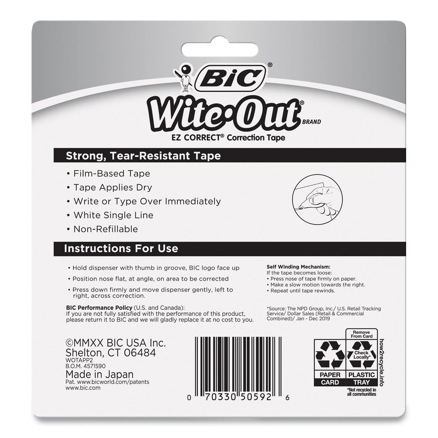 BIC Wite-Out EZ Correct Correction Tape, Non-Refillable, Randomly Assorted Applicator Colors, 0.17" x 472", 2/Pack (WOTAPP21)