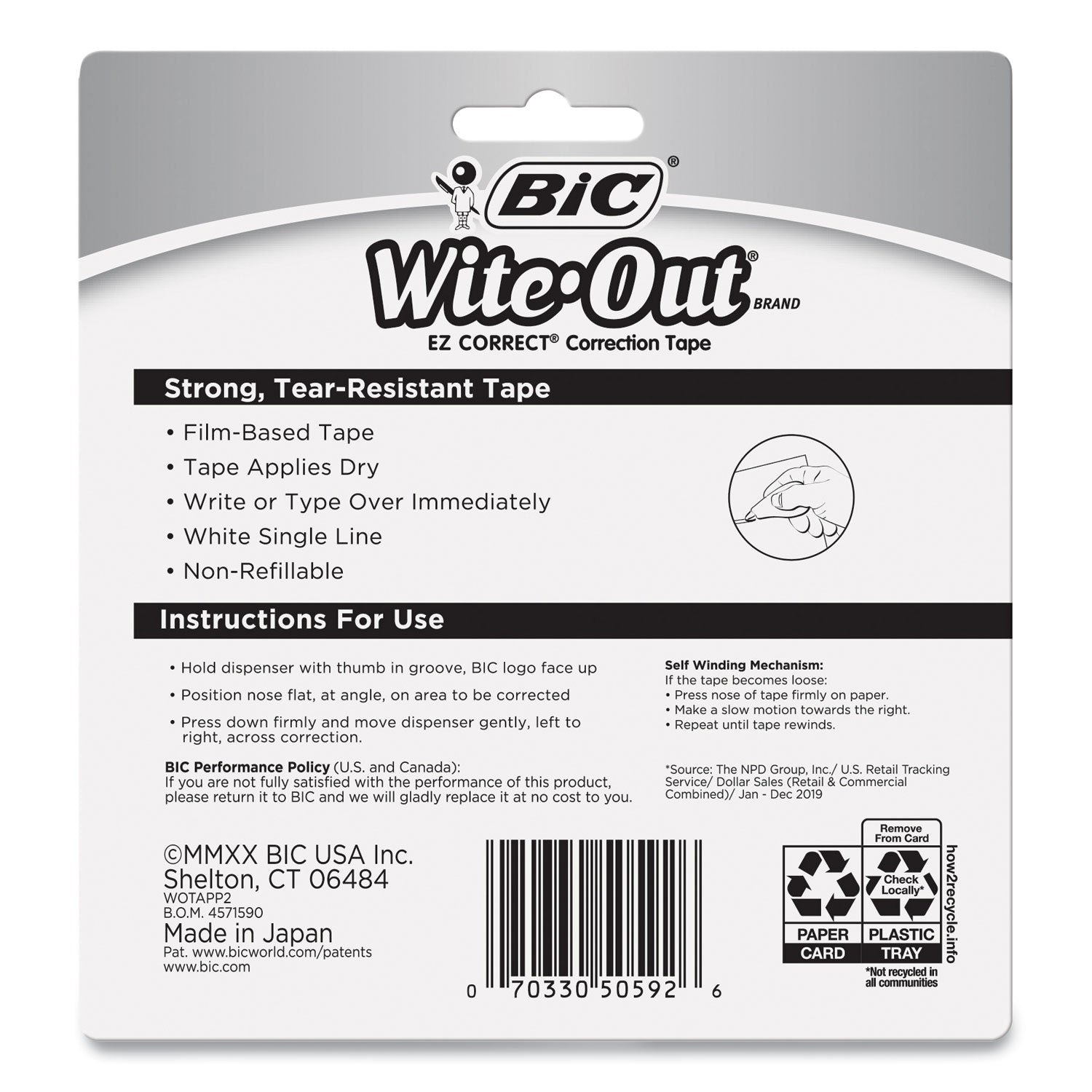 BIC Wite-Out EZ Correct Correction Tape, Non-Refillable, Randomly Assorted Applicator Colors, 0.17" x 472", 2/Pack (WOTAPP21)