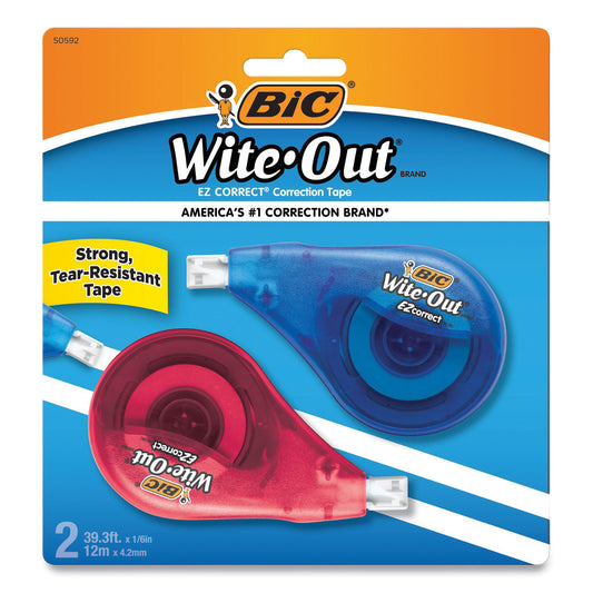 BIC Wite-Out EZ Correct Correction Tape, Non-Refillable, Randomly Assorted Applicator Colors, 0.17" x 472", 2/Pack (WOTAPP21)