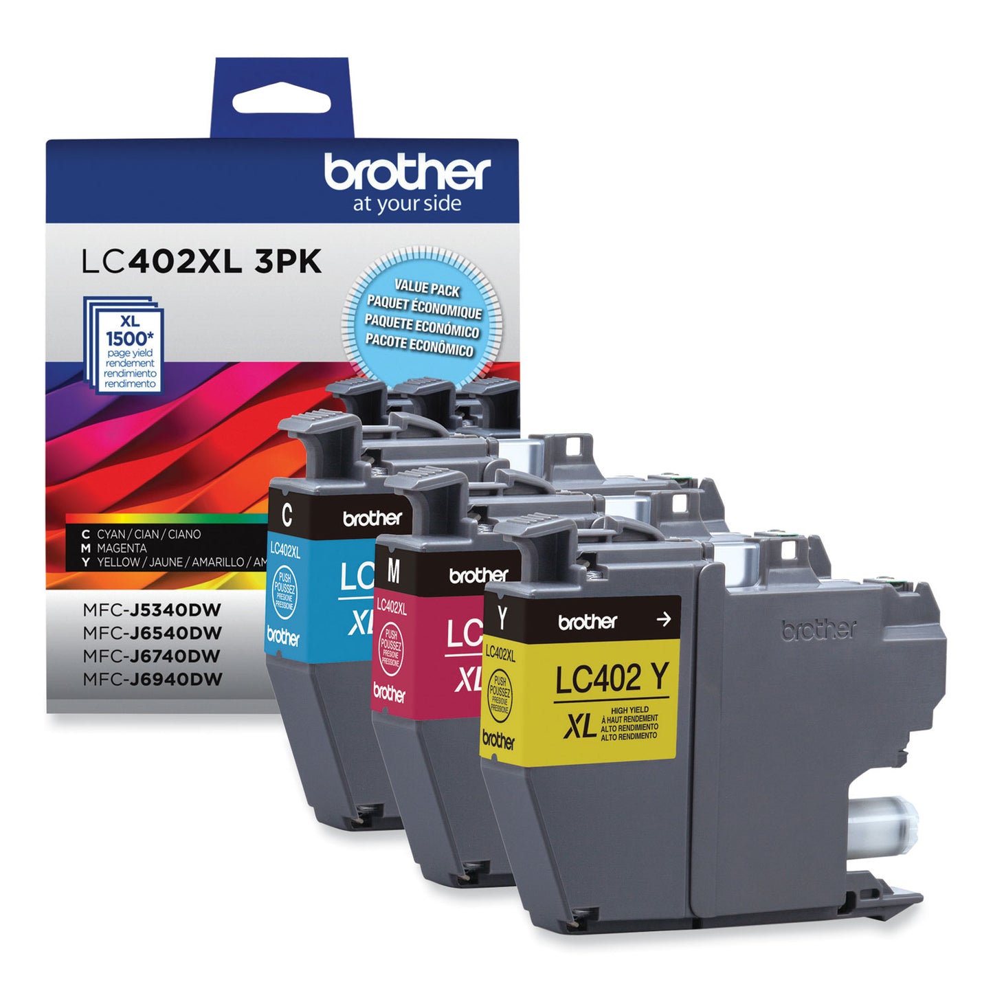 Brother LC402XL3PKS High-Yield Ink, 1,500 Page-Yield, Cyan/Magenta/Yellow