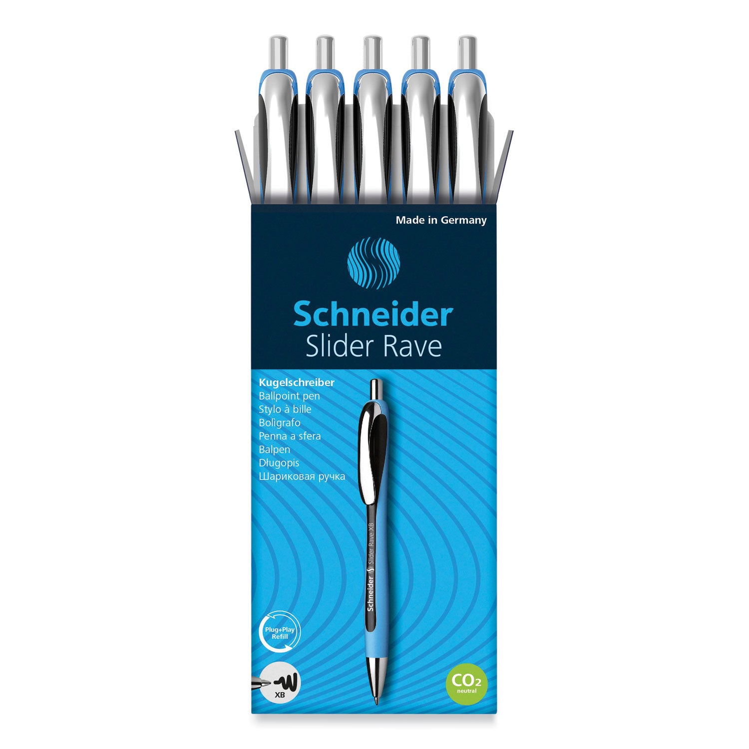 Schneider Slider Rave XB Ballpoint Pen, Retractable, Extra-Bold 1.4 mm, Black Ink, Black/Light Blue Barrel (132501)