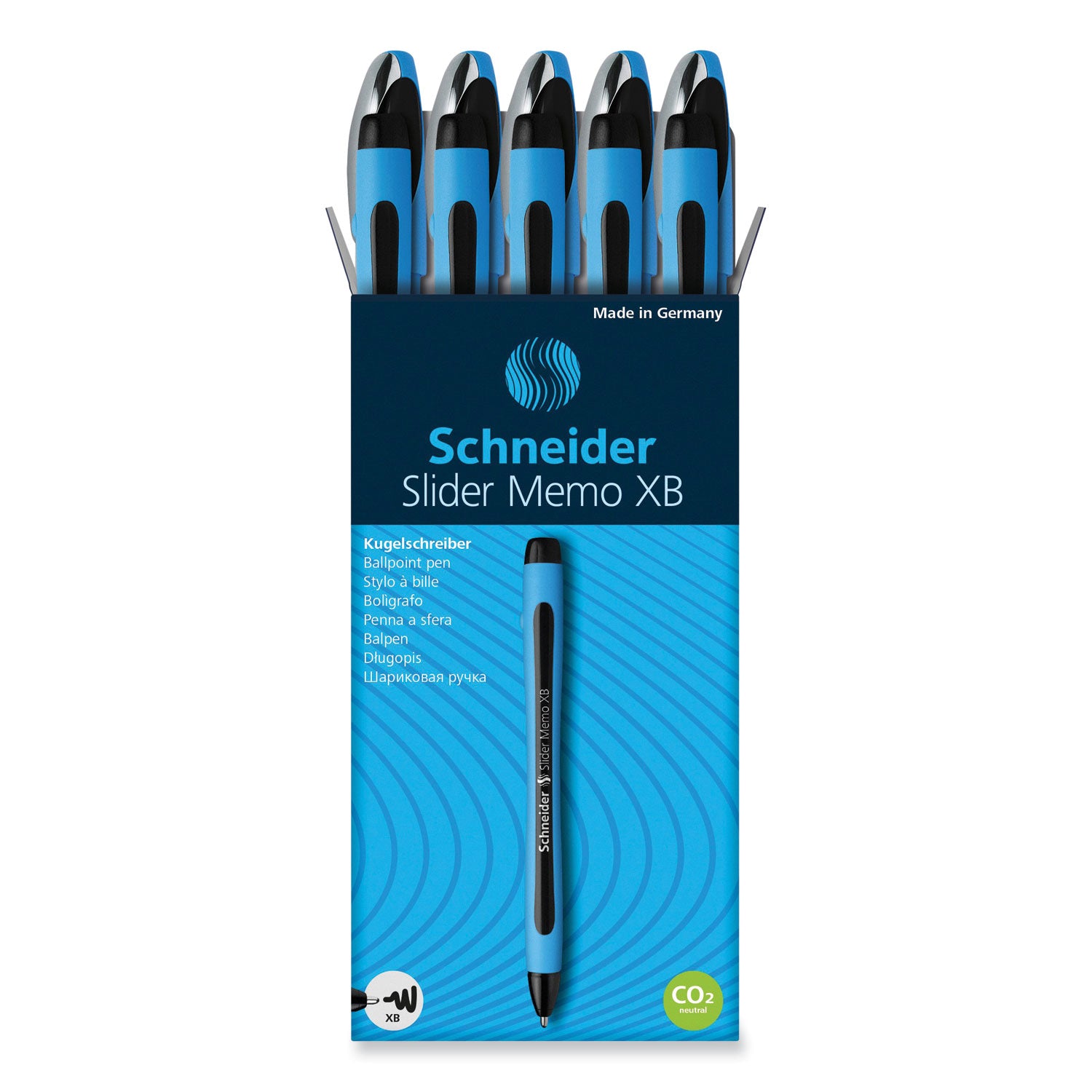 Schneider Slider Memo XB Ballpoint Pen, Stick, Extra-Bold 1.4 mm, Black Ink, Black/Light Blue Barrel, 10/Box (150201)