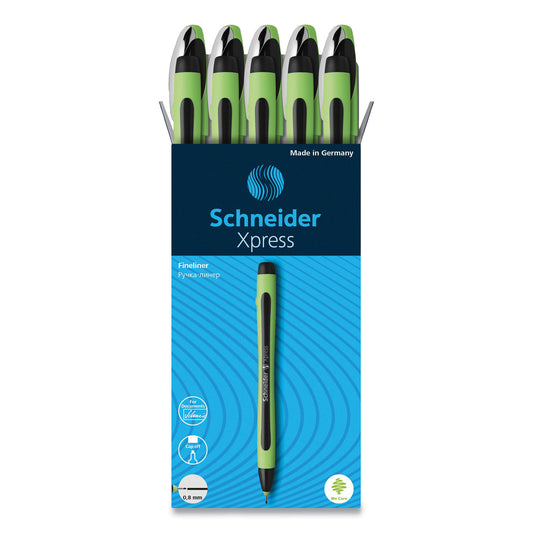 Schneider Xpress Fineliner Porous Point Pen, Stick, Medium 0.8 mm, Black Ink, Black/Green Barrel, 10/Box (190001)