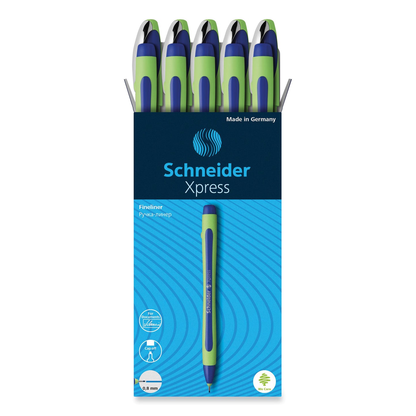 Schneider Xpress Fineliner Porous Point Pen, Stick, Medium 0.8 mm, Blue Ink, Blue/Green Barrel, 10/Box (190003)